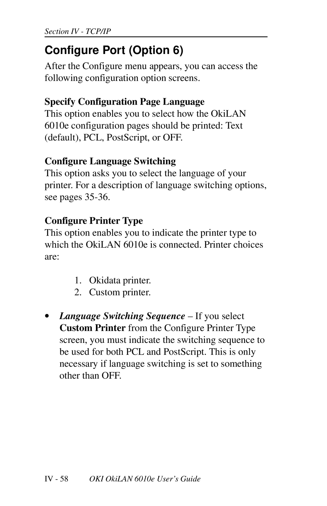 Oki 6010E Configure Port Option, Specify Configuration Page Language, Configure Language Switching, Configure Printer Type 