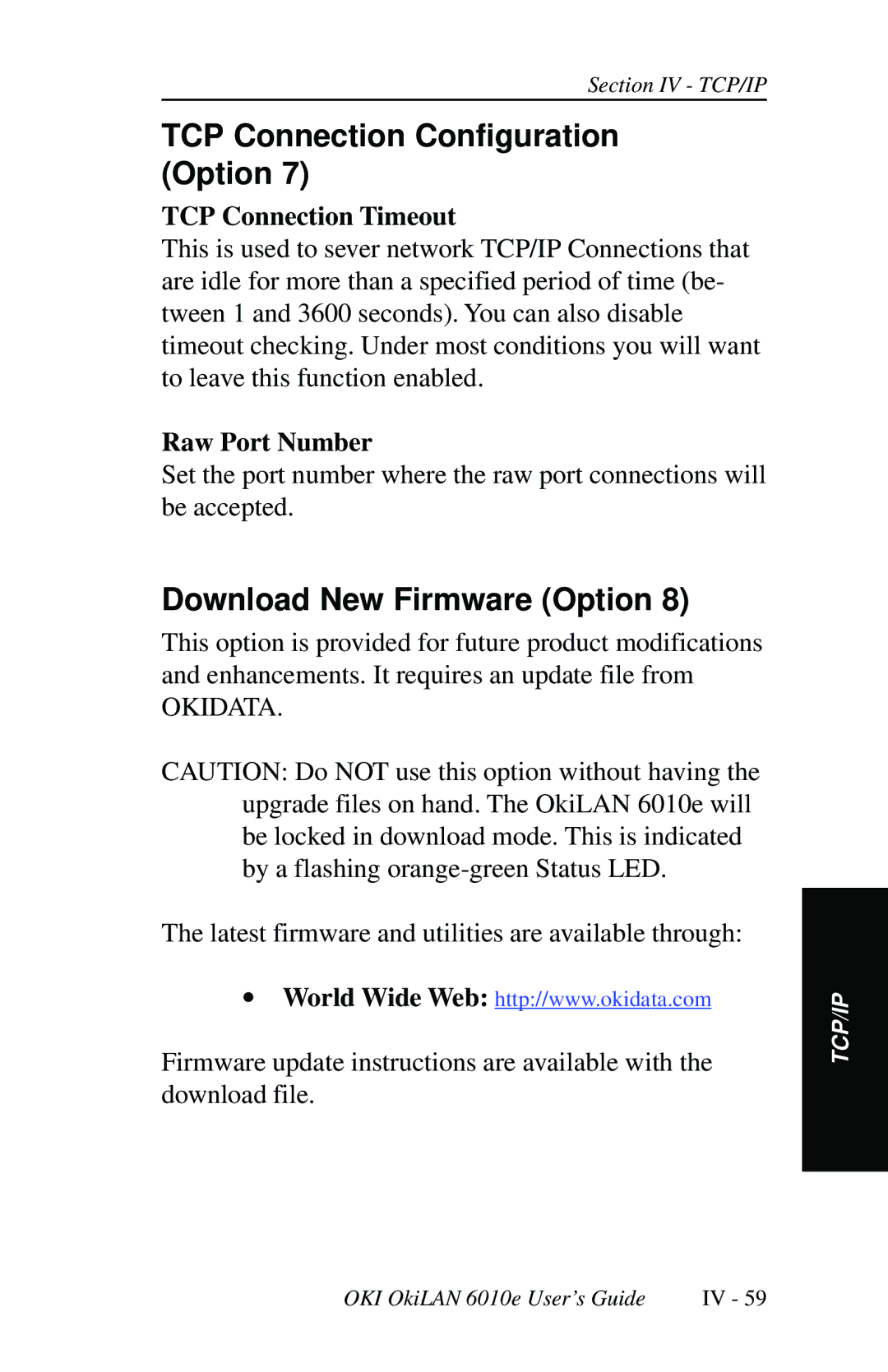 Oki 6010E manual TCP Connection Configuration Option, Download New Firmware Option, TCP Connection Timeout, Raw Port Number 