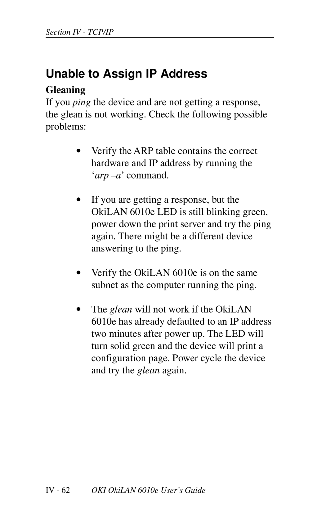 Oki 6010E manual Unable to Assign IP Address, Gleaning 