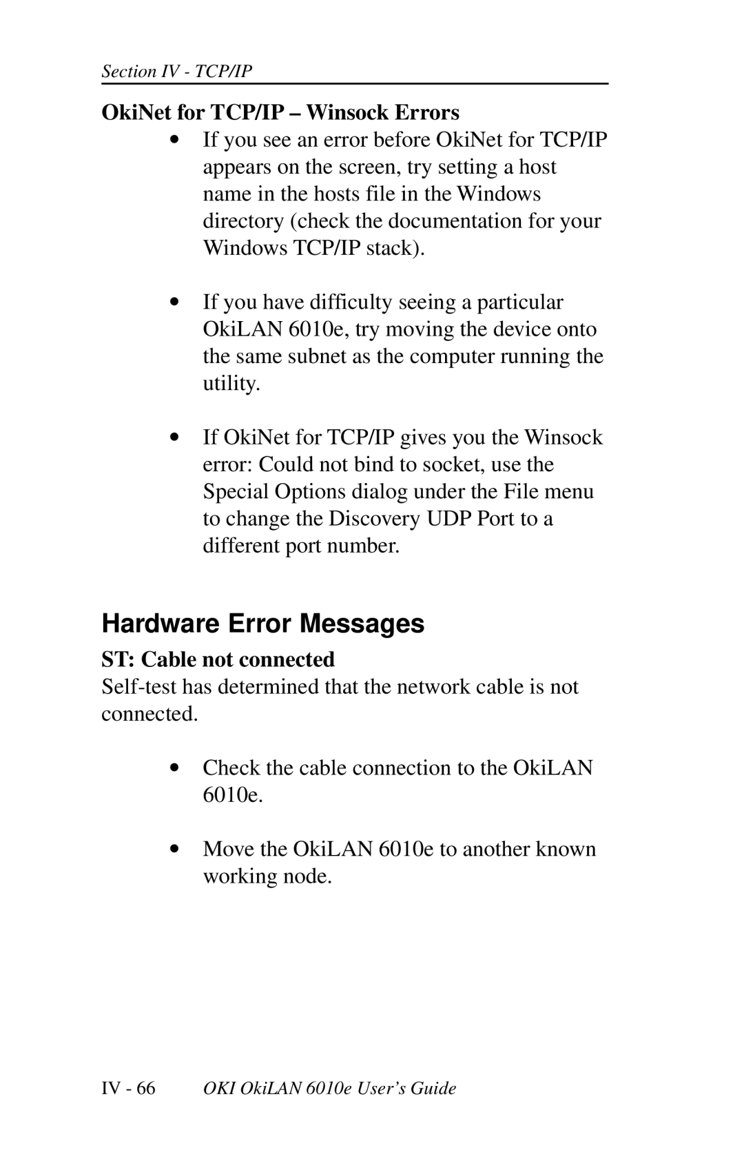 Oki 6010E manual Hardware Error Messages, OkiNet for TCP/IP Winsock Errors, ST Cable not connected 