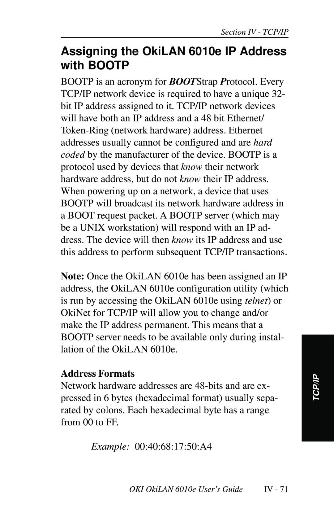 Oki 6010E manual Assigning the OkiLAN 6010e IP Address with Bootp, Address Formats 