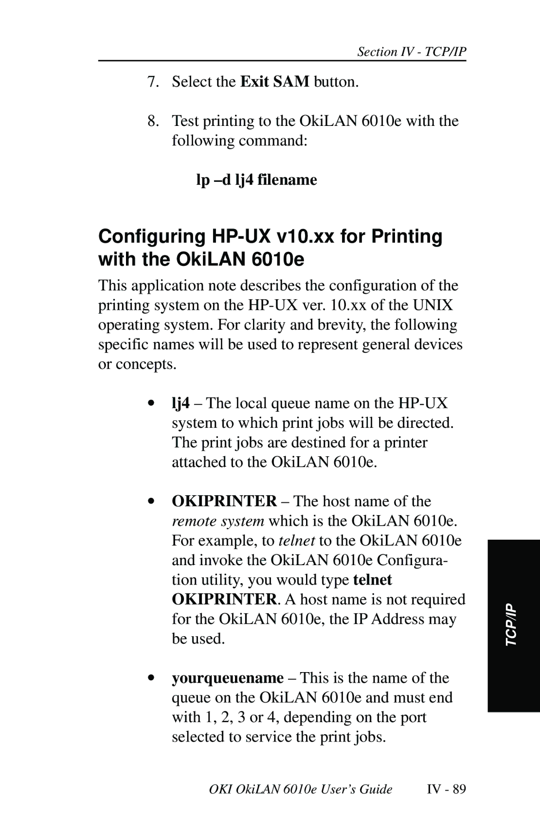 Oki 6010E manual Configuring HP-UX v10.xx for Printing with the OkiLAN 6010e, Lp -d lj4 filename 