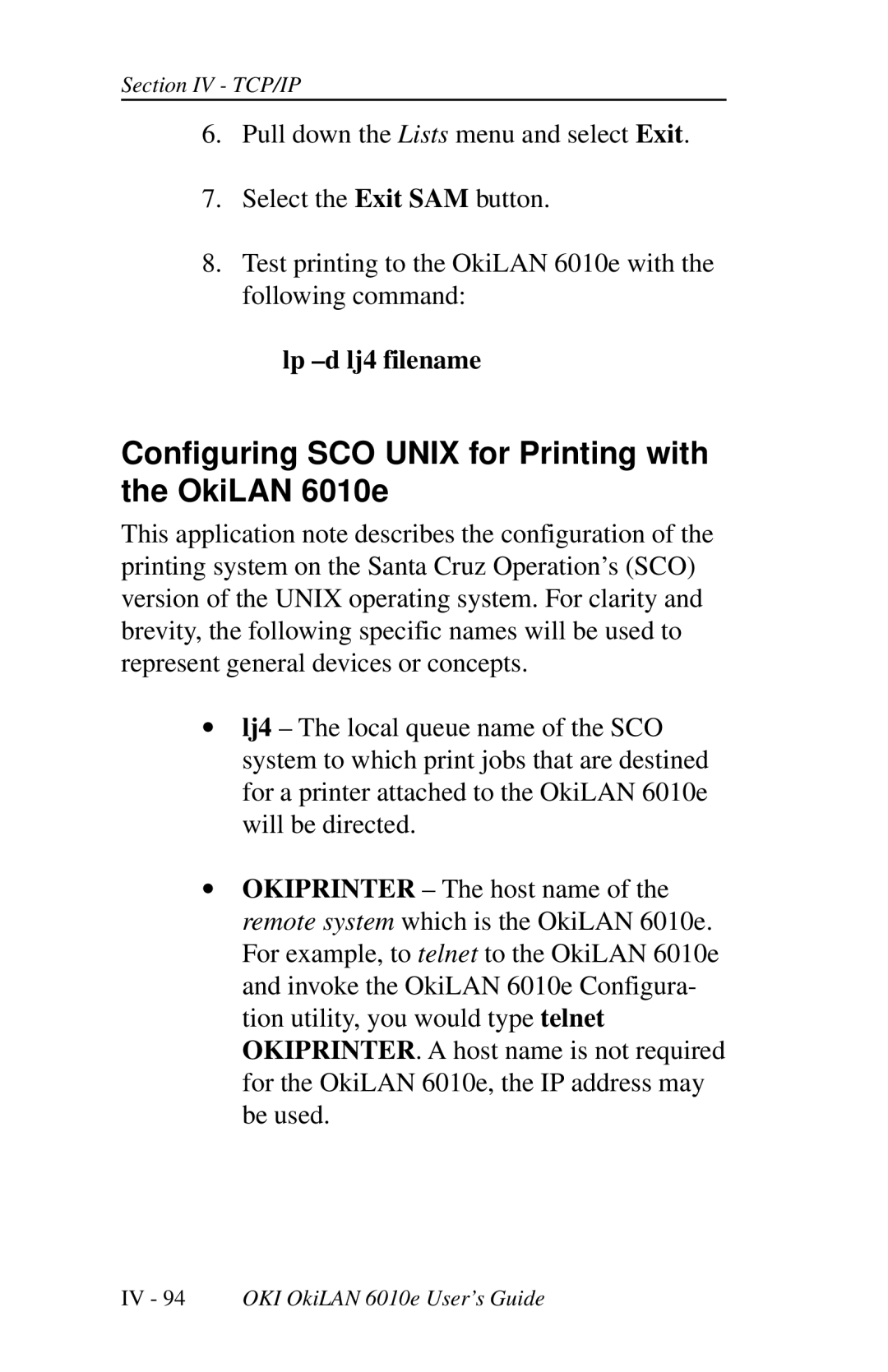 Oki 6010E manual Configuring SCO Unix for Printing with the OkiLAN 6010e, Lp -d lj4 filename 