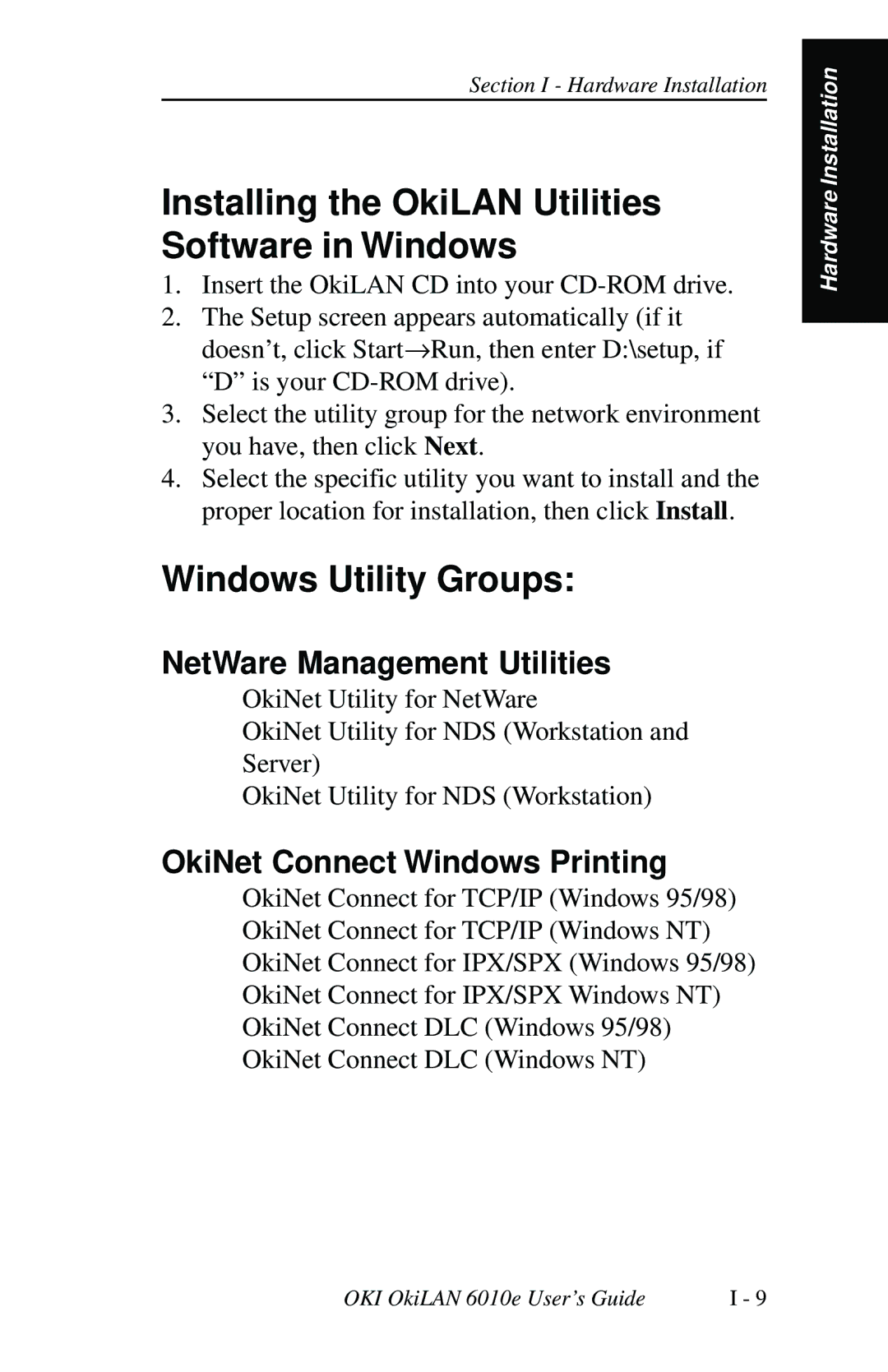 Oki 6010E manual NetWare Management Utilities, OkiNet Connect Windows Printing 