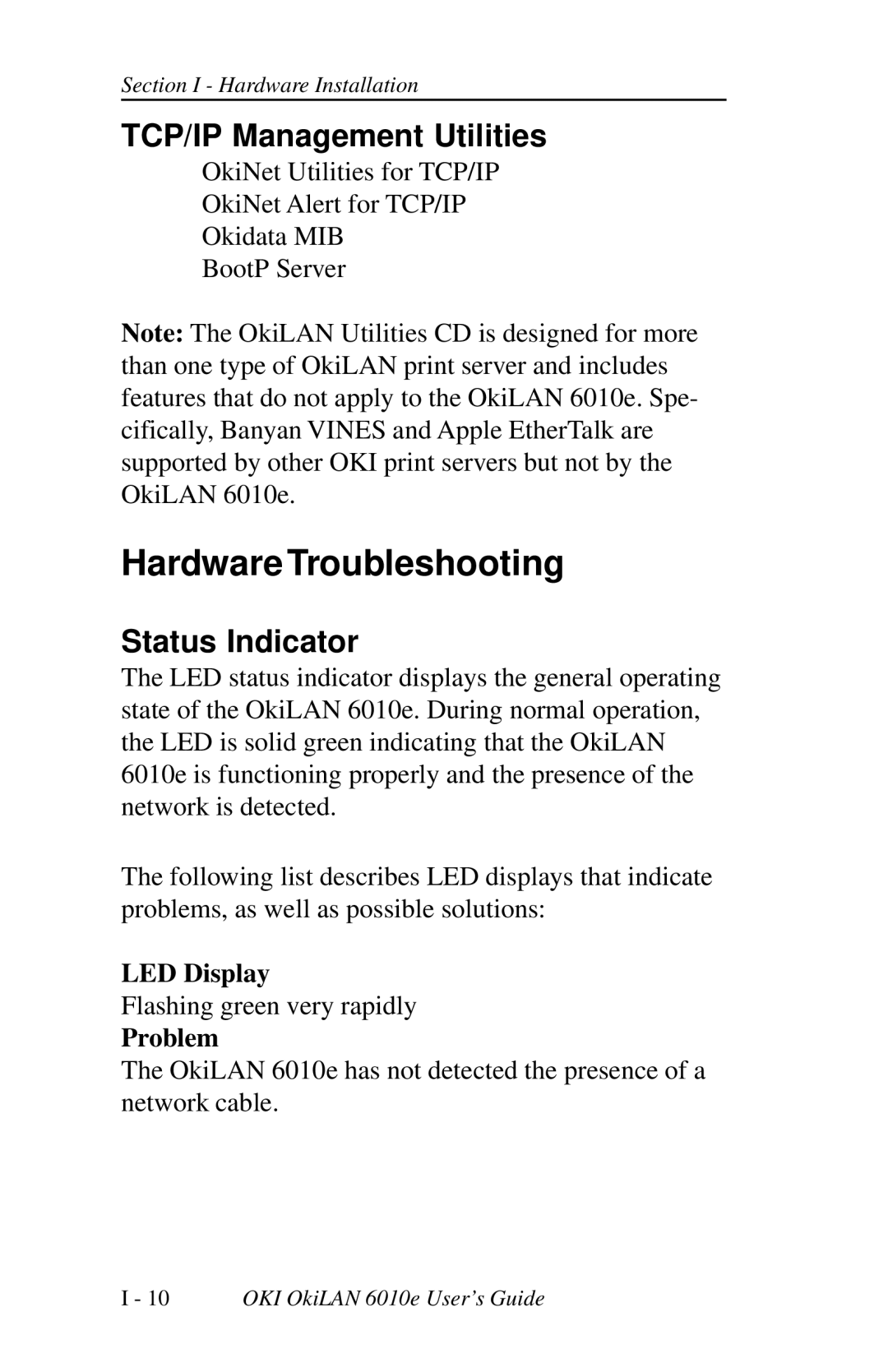 Oki 6010E manual TCP/IP Management Utilities, Status Indicator, LED Display, Problem 