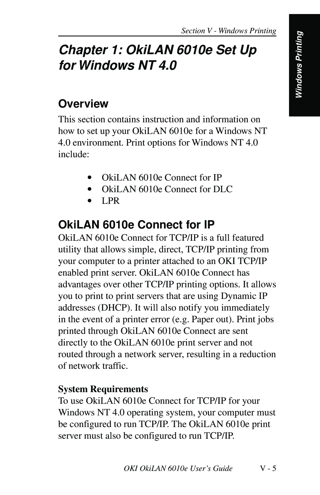 Oki 6010E manual OkiLAN 6010e Set Up for Windows NT, OkiLAN 6010e Connect for IP, System Requirements 