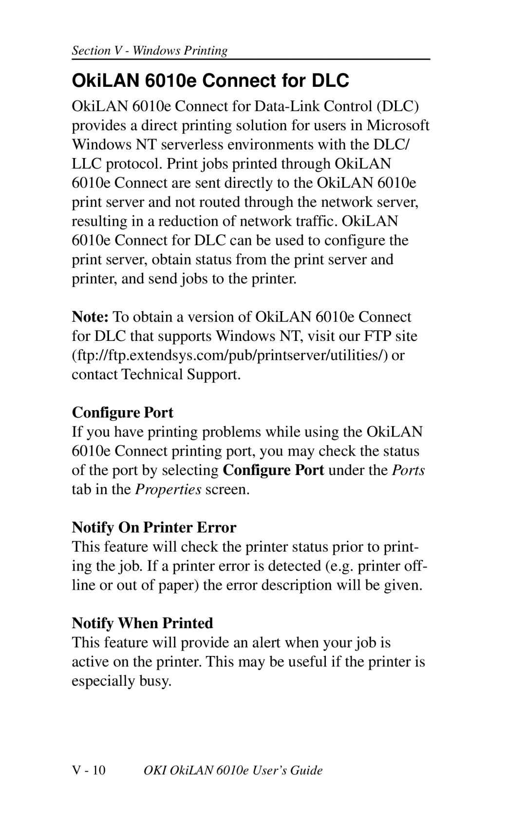 Oki 6010E manual OkiLAN 6010e Connect for DLC, Configure Port, Notify On Printer Error 