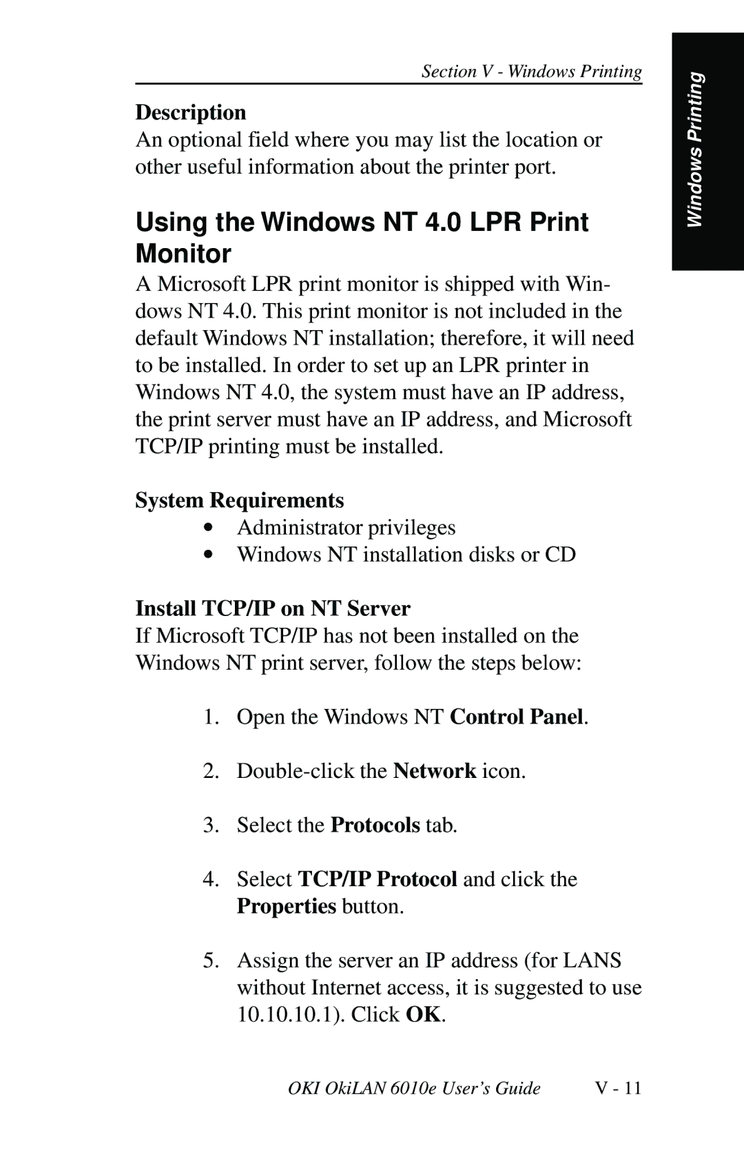 Oki 6010E manual Using the Windows NT 4.0 LPR Print Monitor, Install TCP/IP on NT Server 