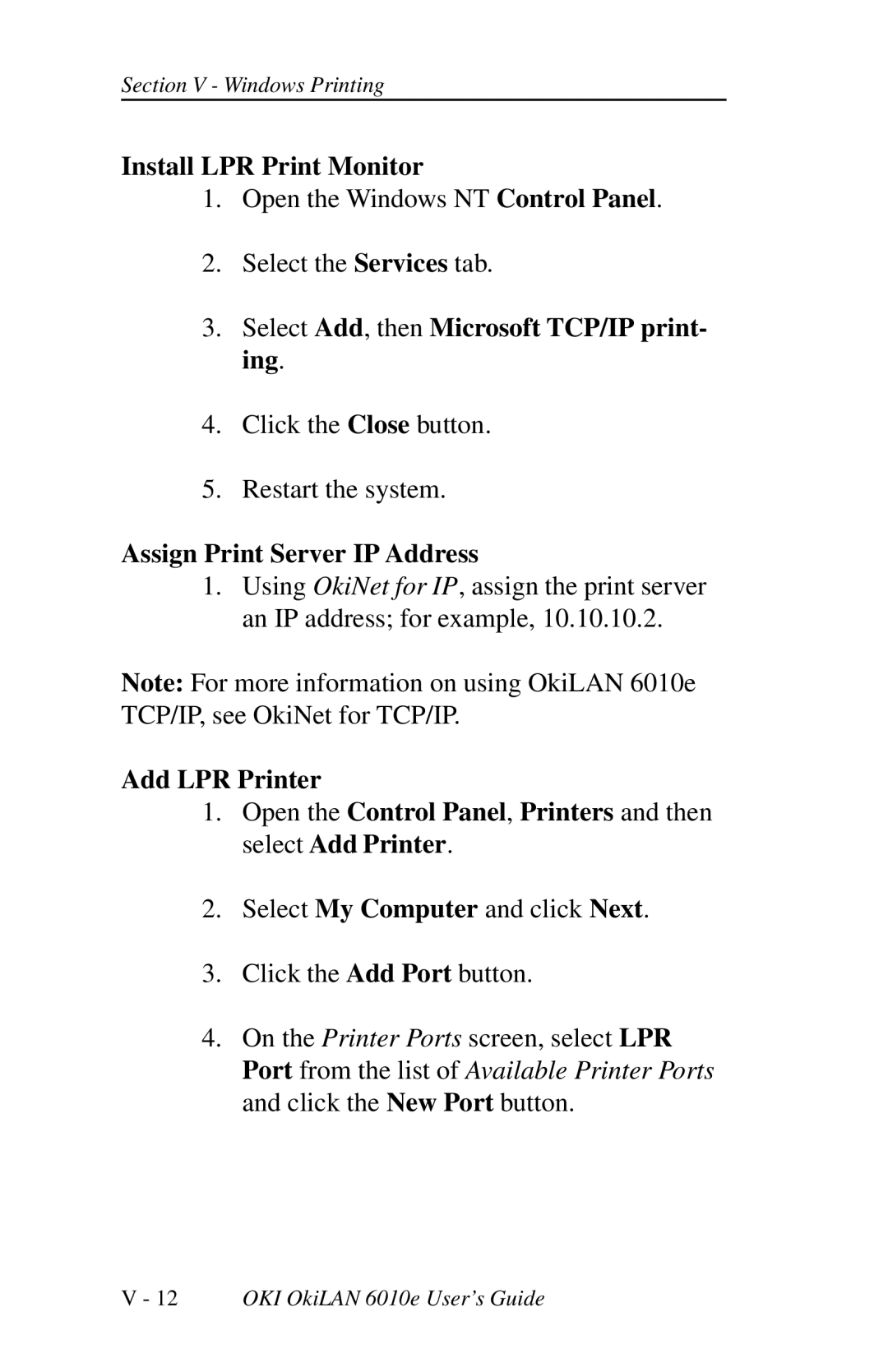 Oki 6010E manual Install LPR Print Monitor, Select Add, then Microsoft TCP/IP print- ing, Assign Print Server IP Address 