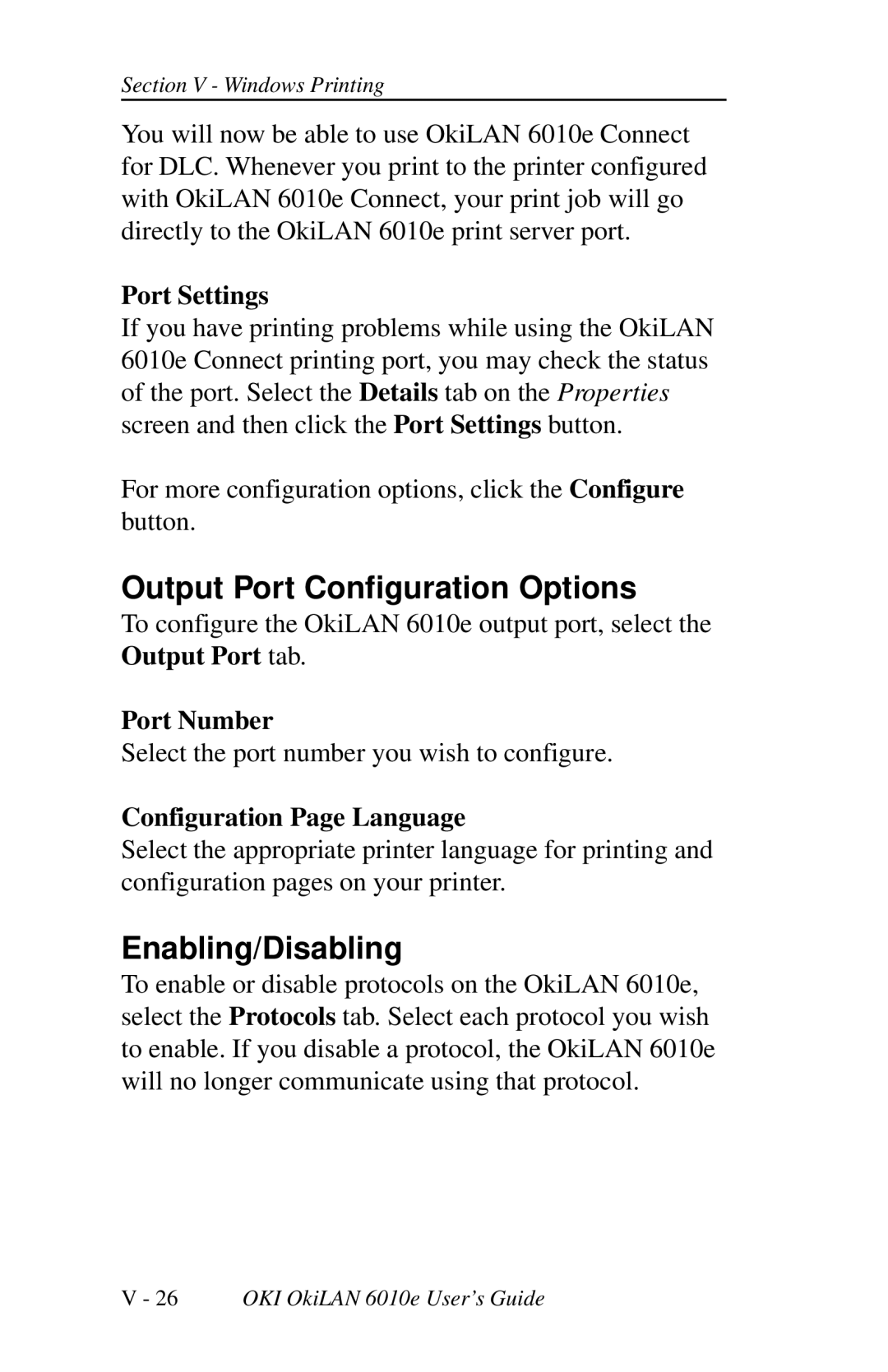 Oki 6010E manual Enabling/Disabling, Port Settings 