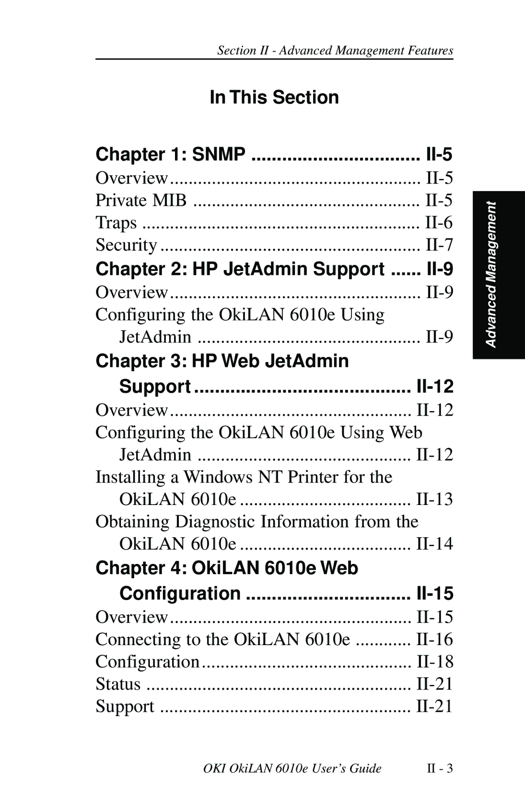 Oki 6010E manual This Section Snmp II-5, II-9, HP Web JetAdmin Support, OkiLAN 6010e Web Configuration II-15 