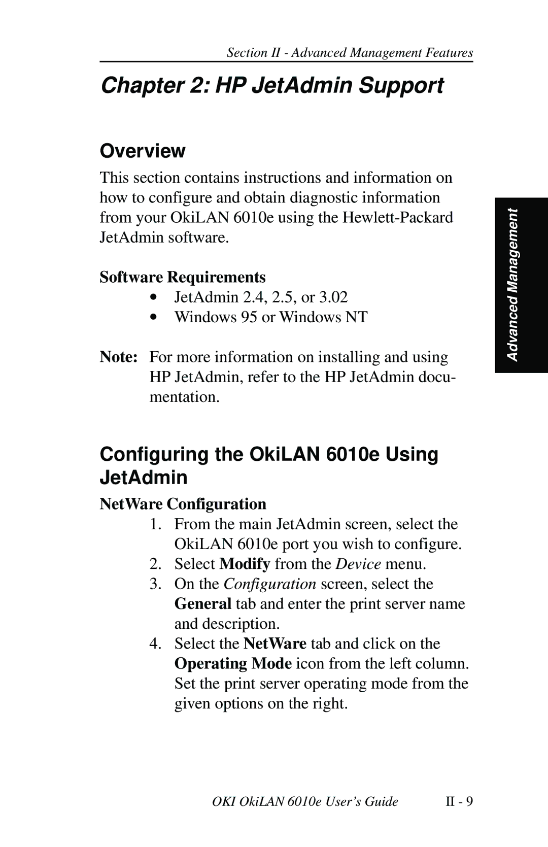 Oki 6010E HP JetAdmin Support, Configuring the OkiLAN 6010e Using JetAdmin, Software Requirements, NetWare Configuration 