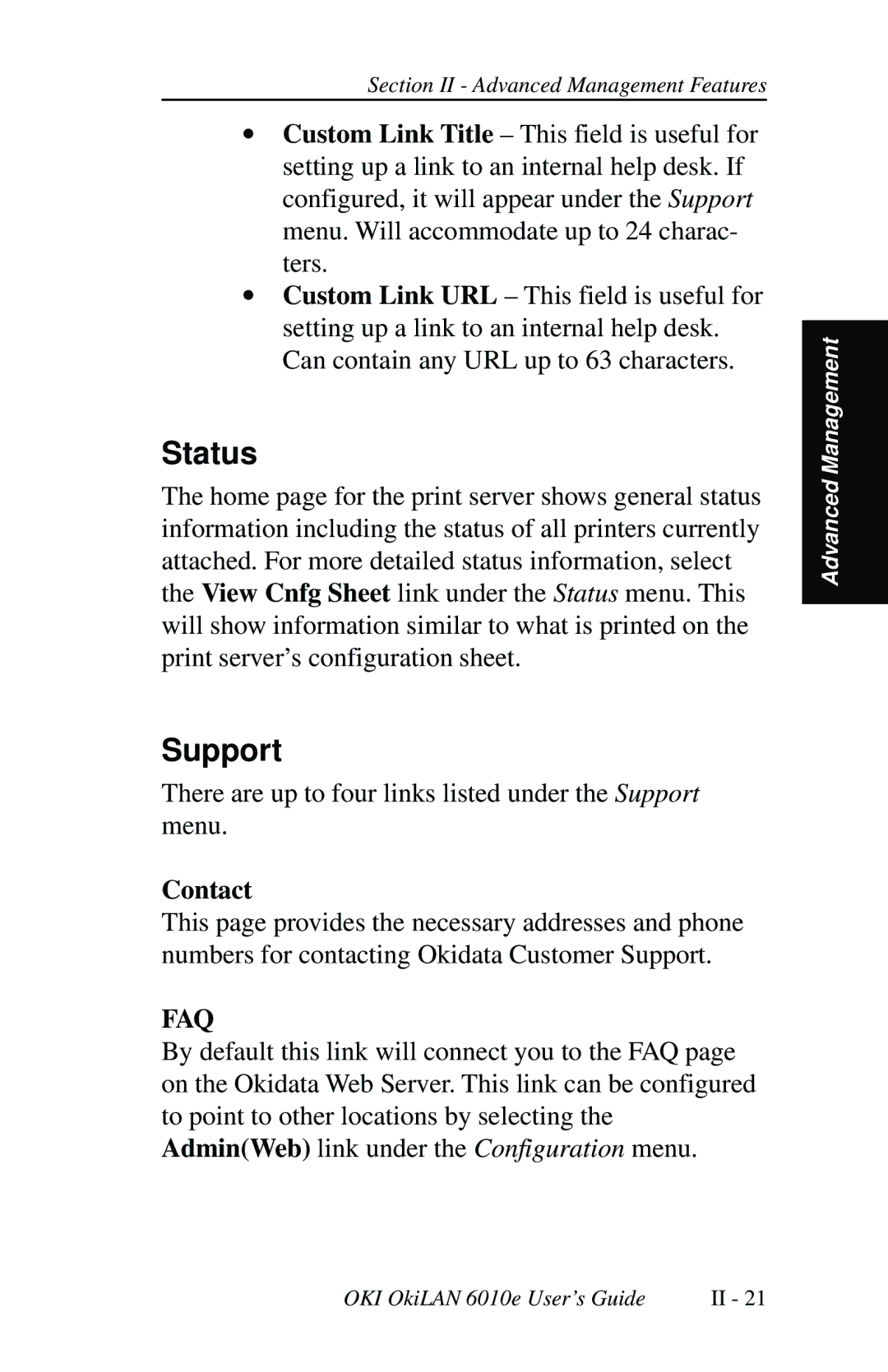 Oki 6010E manual Status, Contact 