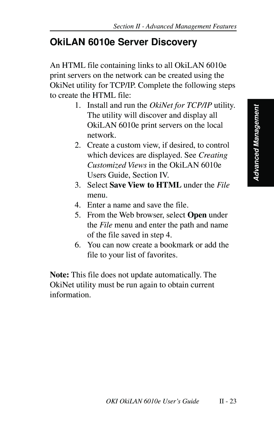 Oki 6010E manual OkiLAN 6010e Server Discovery, Select Save View to Html under the File menu 