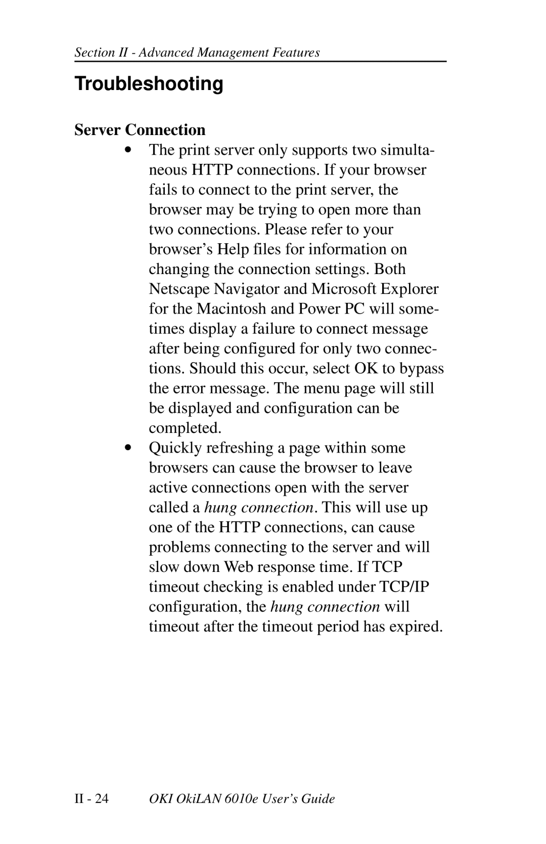 Oki 6010E manual Troubleshooting, Server Connection 