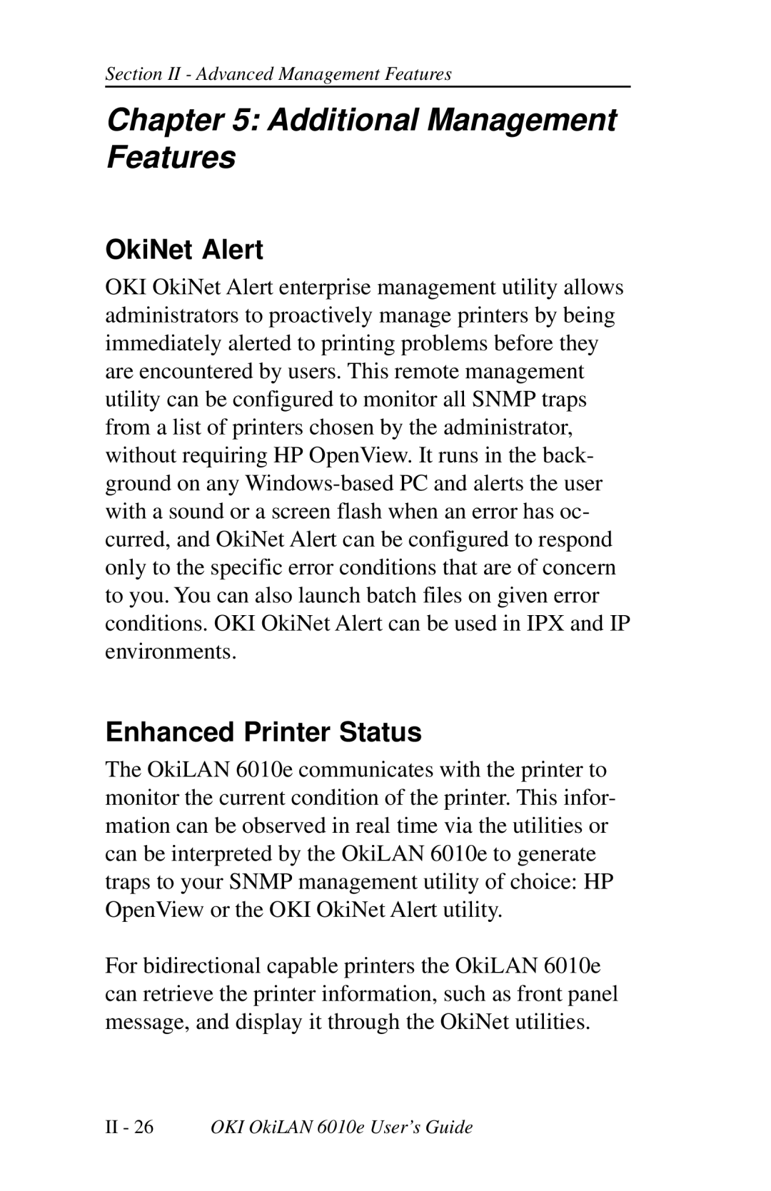 Oki 6010E manual Additional Management Features, OkiNet Alert, Enhanced Printer Status 