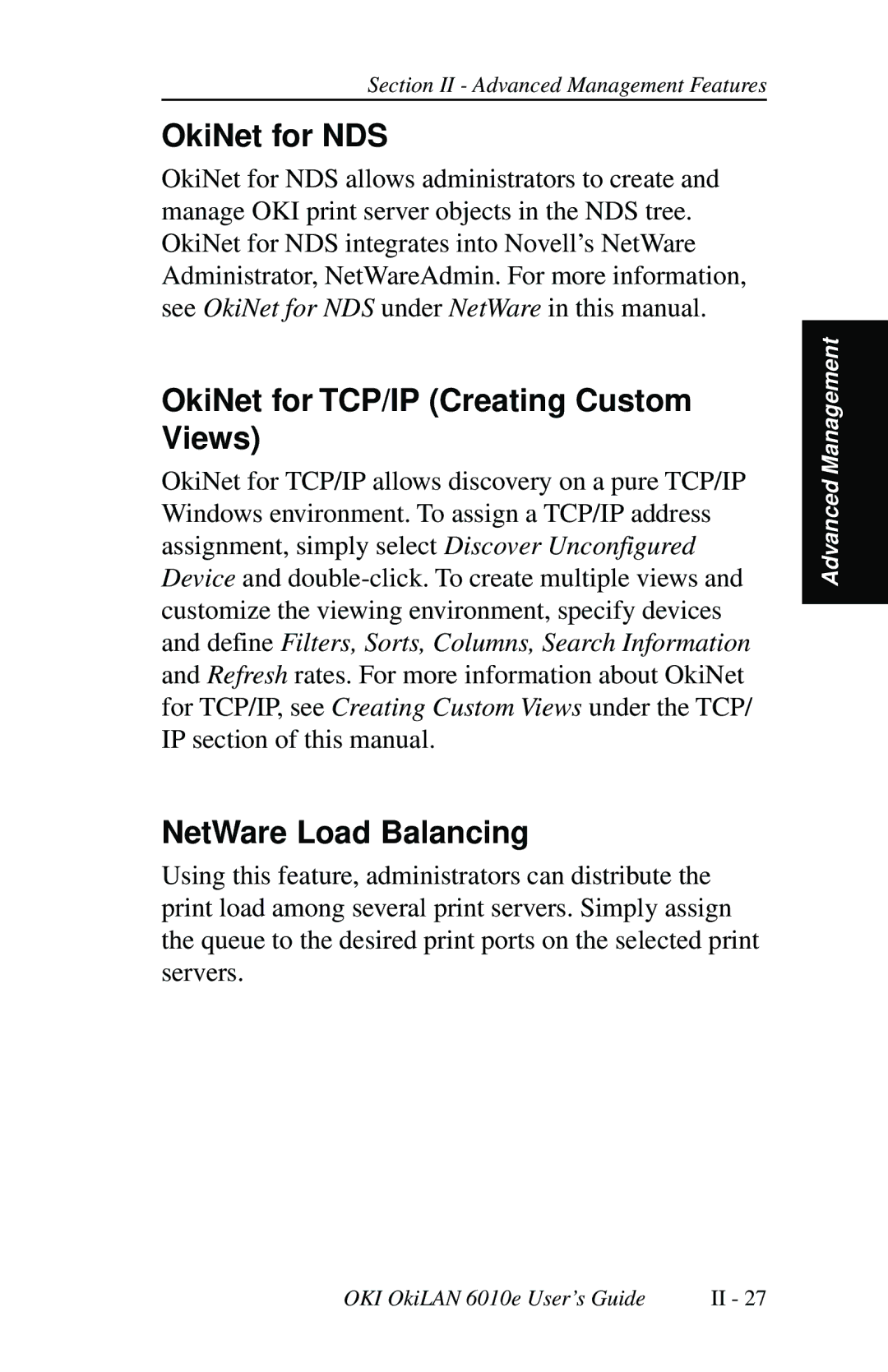 Oki 6010E manual OkiNet for NDS, OkiNet for TCP/IP Creating Custom Views, NetWare Load Balancing 