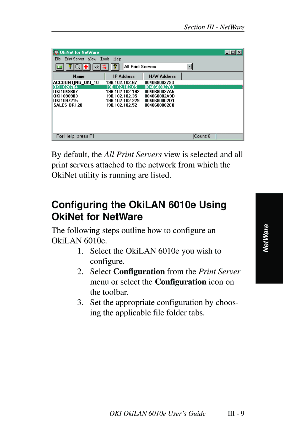 Oki 6010E manual Configuring the OkiLAN 6010e Using OkiNet for NetWare 