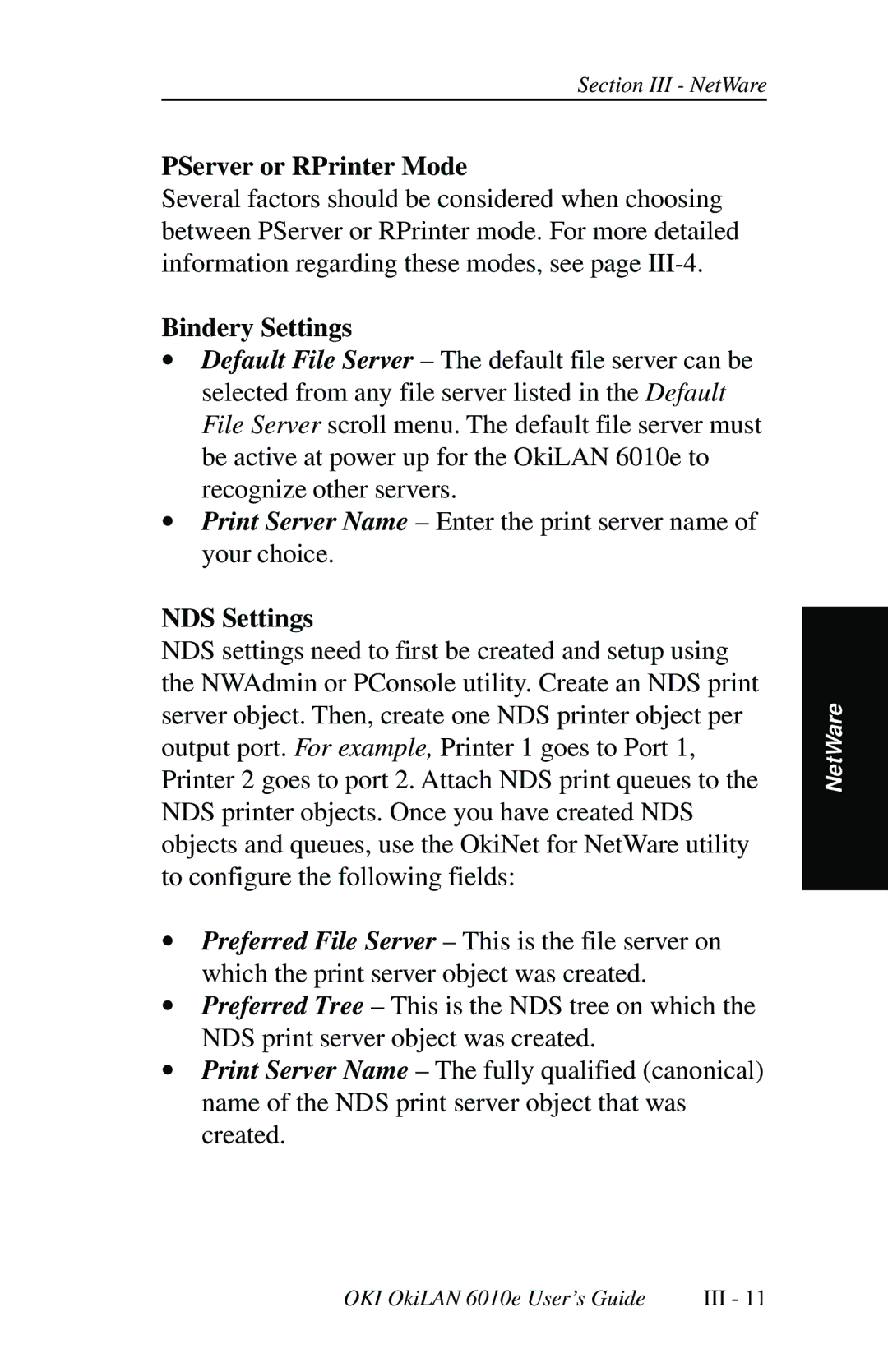 Oki 6010E manual PServer or RPrinter Mode, Bindery Settings, NDS Settings 