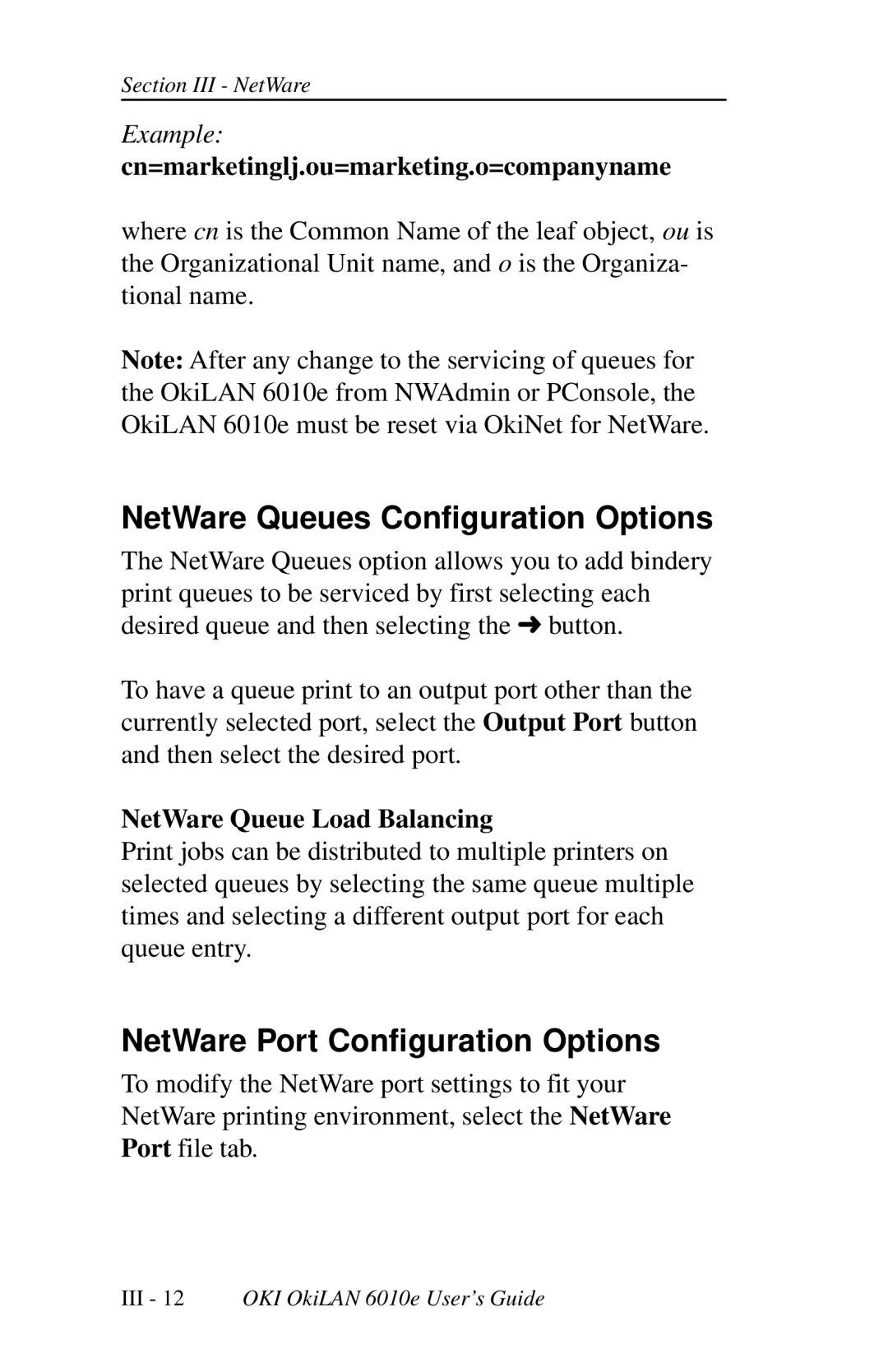 Oki 6010E manual NetWare Queues Configuration Options, NetWare Port Configuration Options, NetWare Queue Load Balancing 