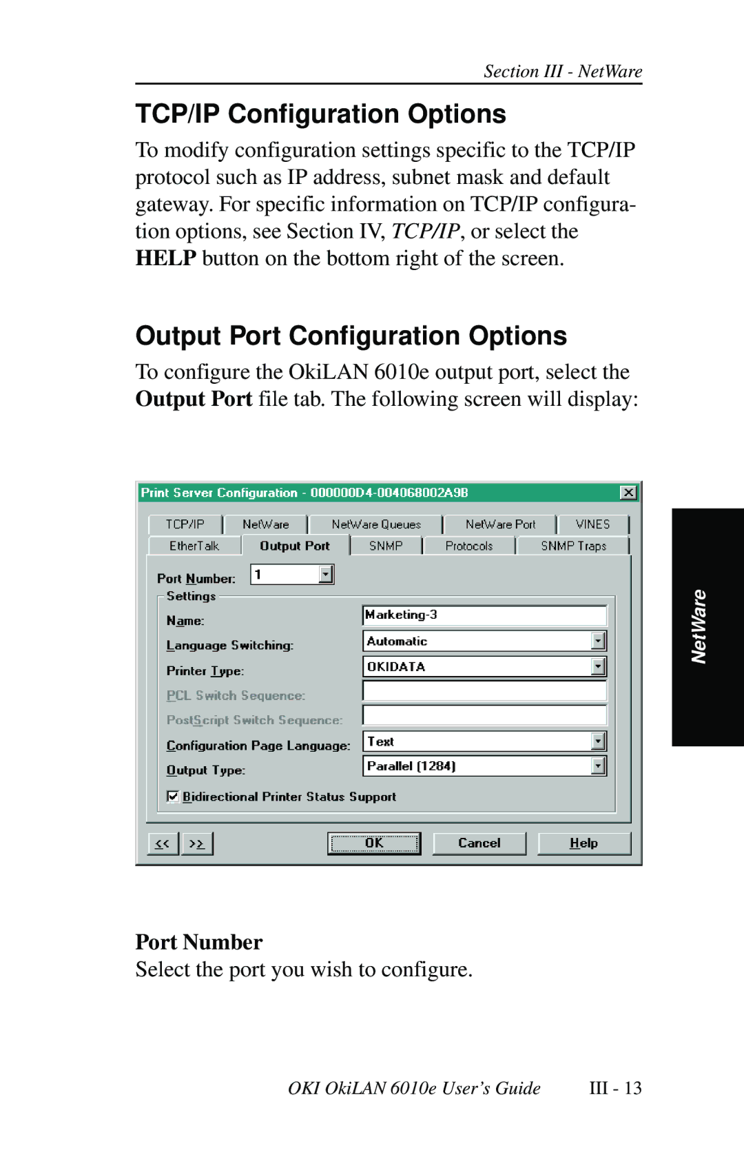 Oki 6010E manual TCP/IP Configuration Options, Output Port Configuration Options, Port Number 