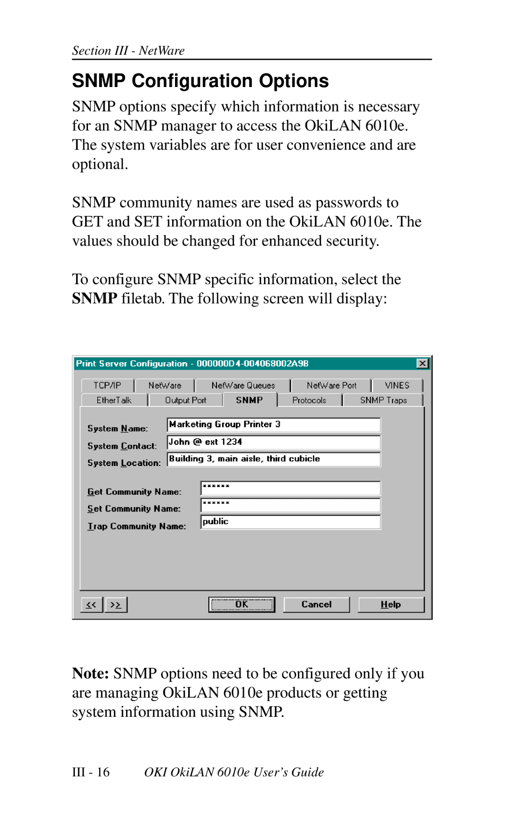 Oki 6010E manual Snmp Configuration Options 