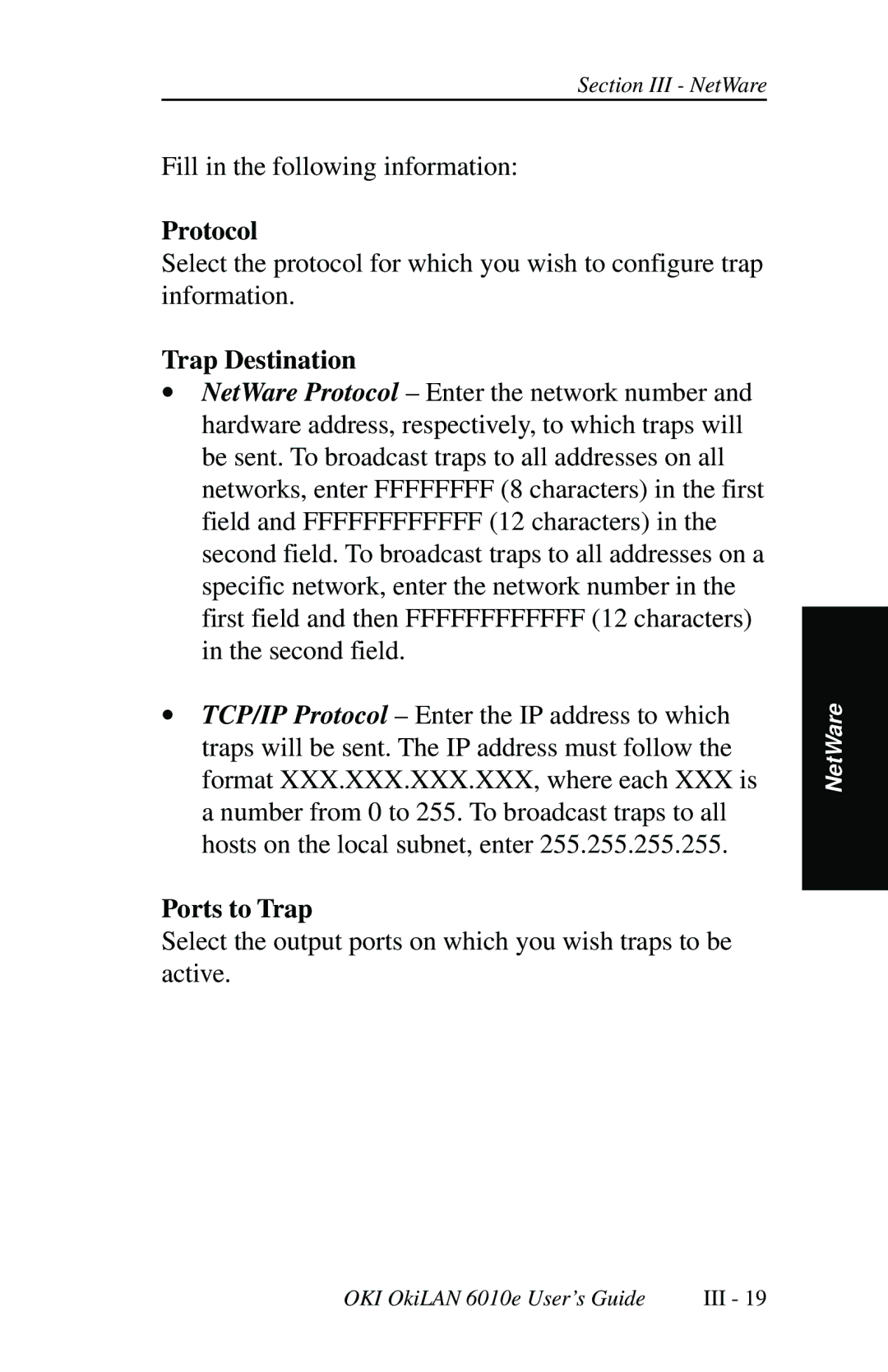 Oki 6010E manual Protocol, Trap Destination, Ports to Trap 