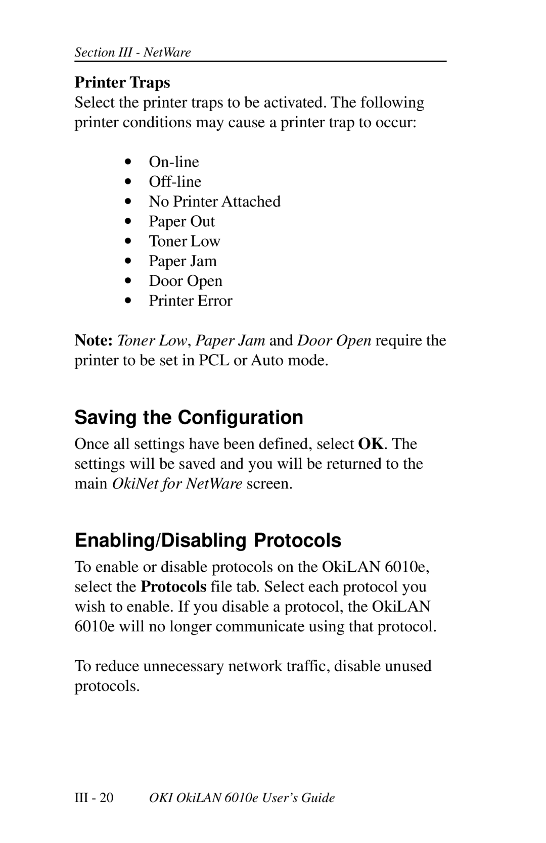 Oki 6010E manual Saving the Configuration, Enabling/Disabling Protocols, Printer Traps 