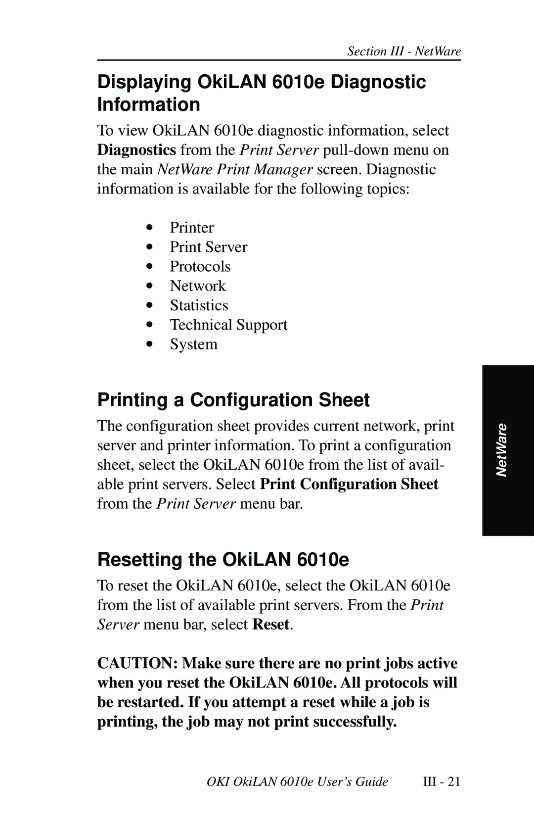 Oki 6010E manual Displaying OkiLAN 6010e Diagnostic Information, Resetting the OkiLAN 6010e 