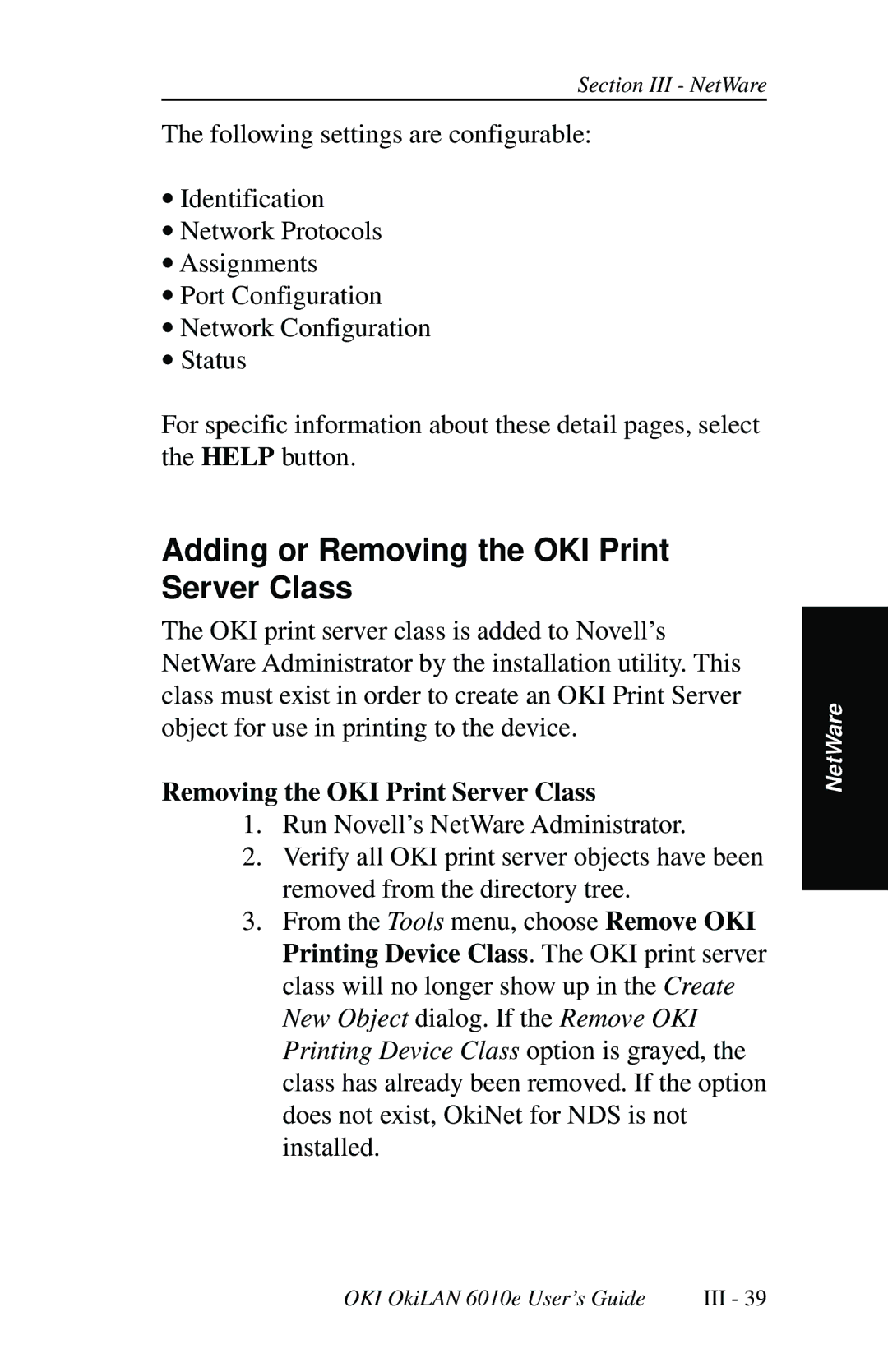 Oki 6010E manual Adding or Removing the OKI Print Server Class 