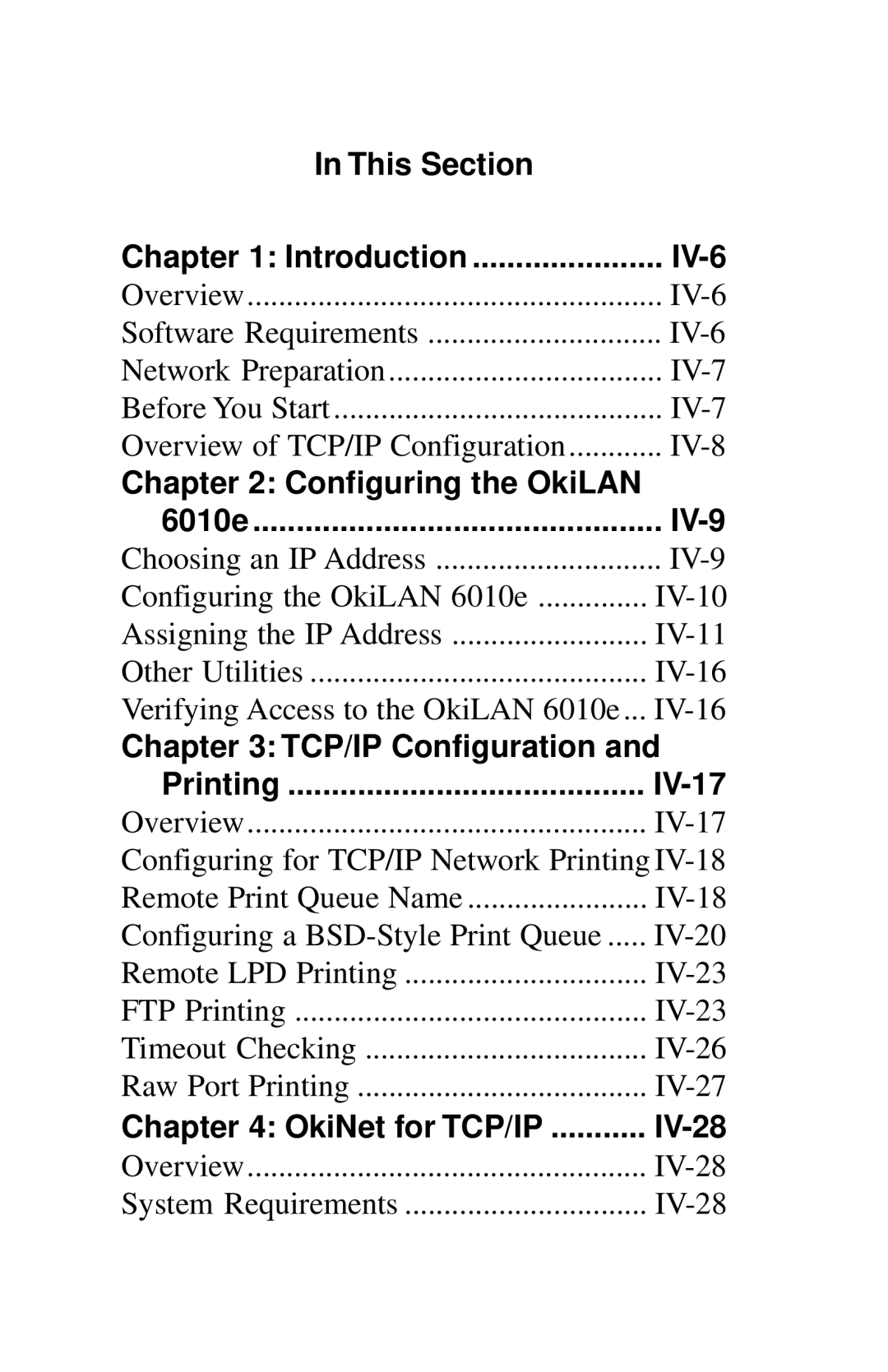 Oki 6010E manual IV-6, IV-9, TCP/IP Configuration, Printing 