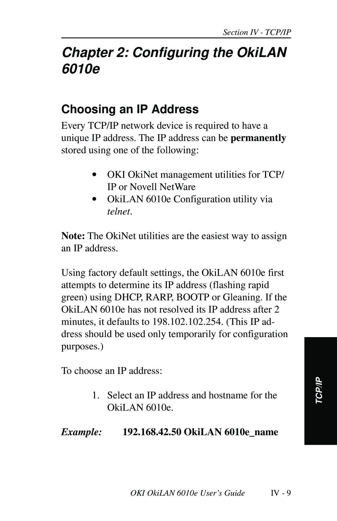 Oki 6010E manual Configuring the OkiLAN 6010e, Choosing an IP Address, Example 192.168.42.50 OkiLAN 6010ename 