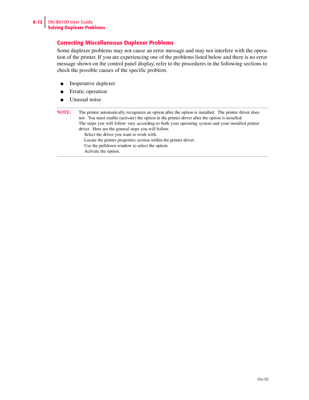 Oki 6100 manual Correcting Miscellaneous Duplexer Problems 