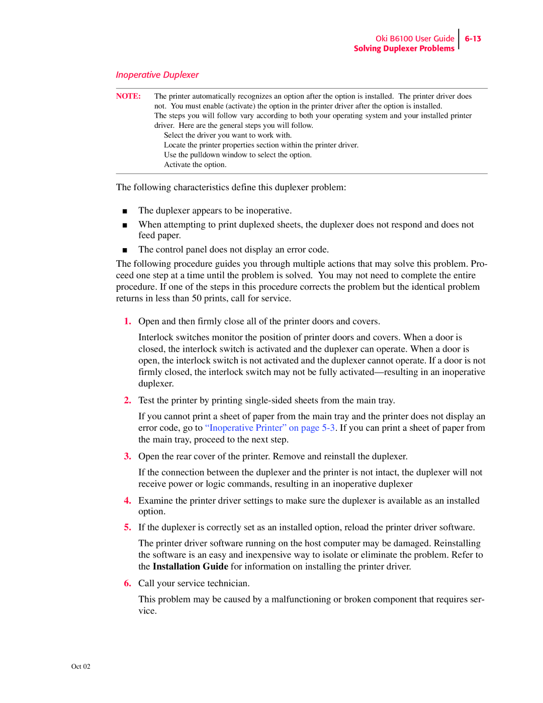Oki 6100 manual Inoperative Duplexer 