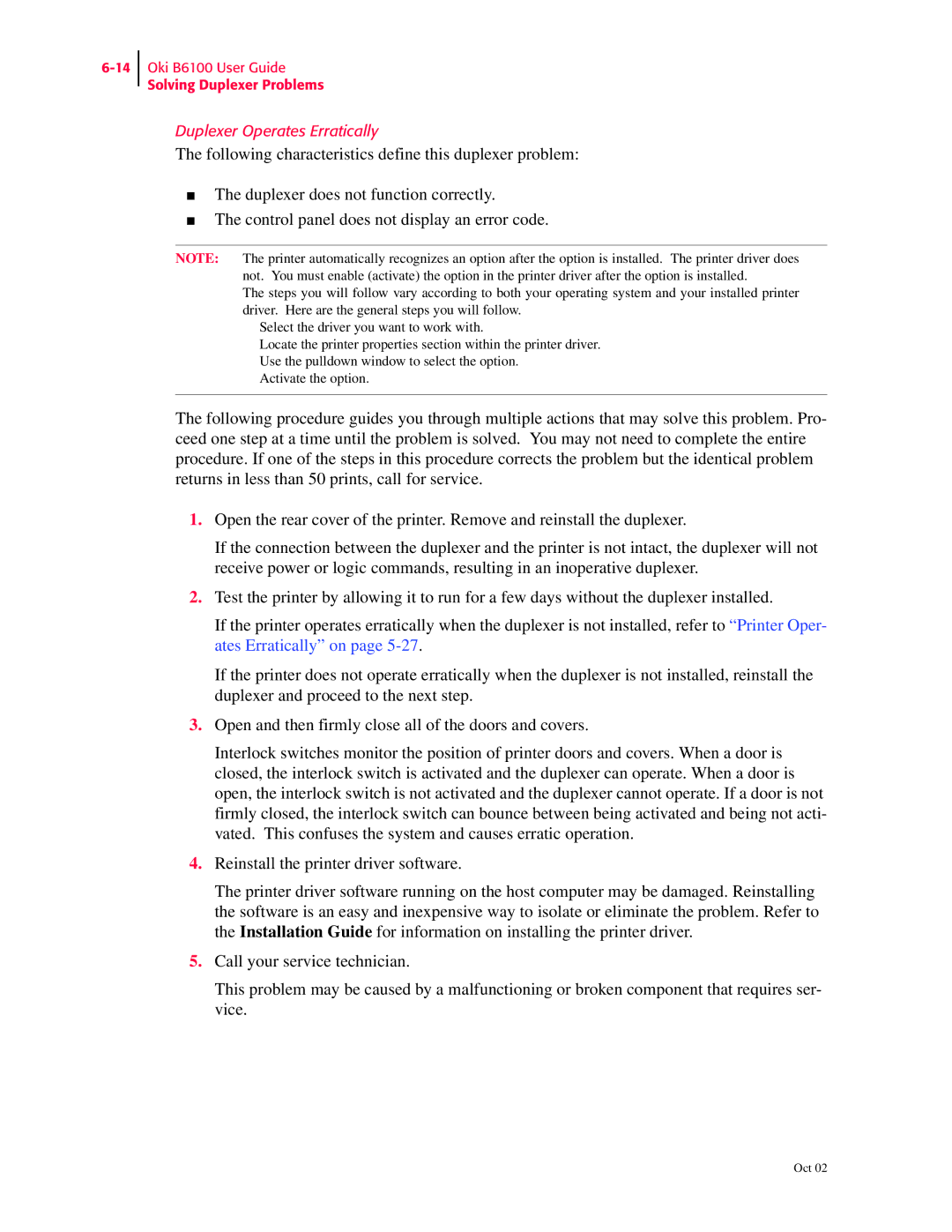 Oki 6100 manual Duplexer Operates Erratically 