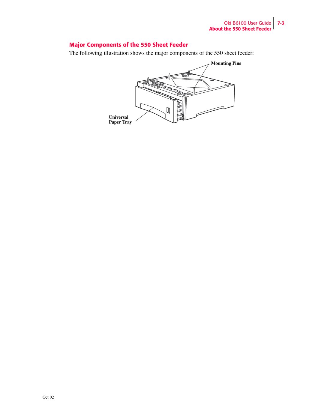 Oki 6100 manual Major Components of the 550 Sheet Feeder, Mounting Pins Universal Paper Tray 