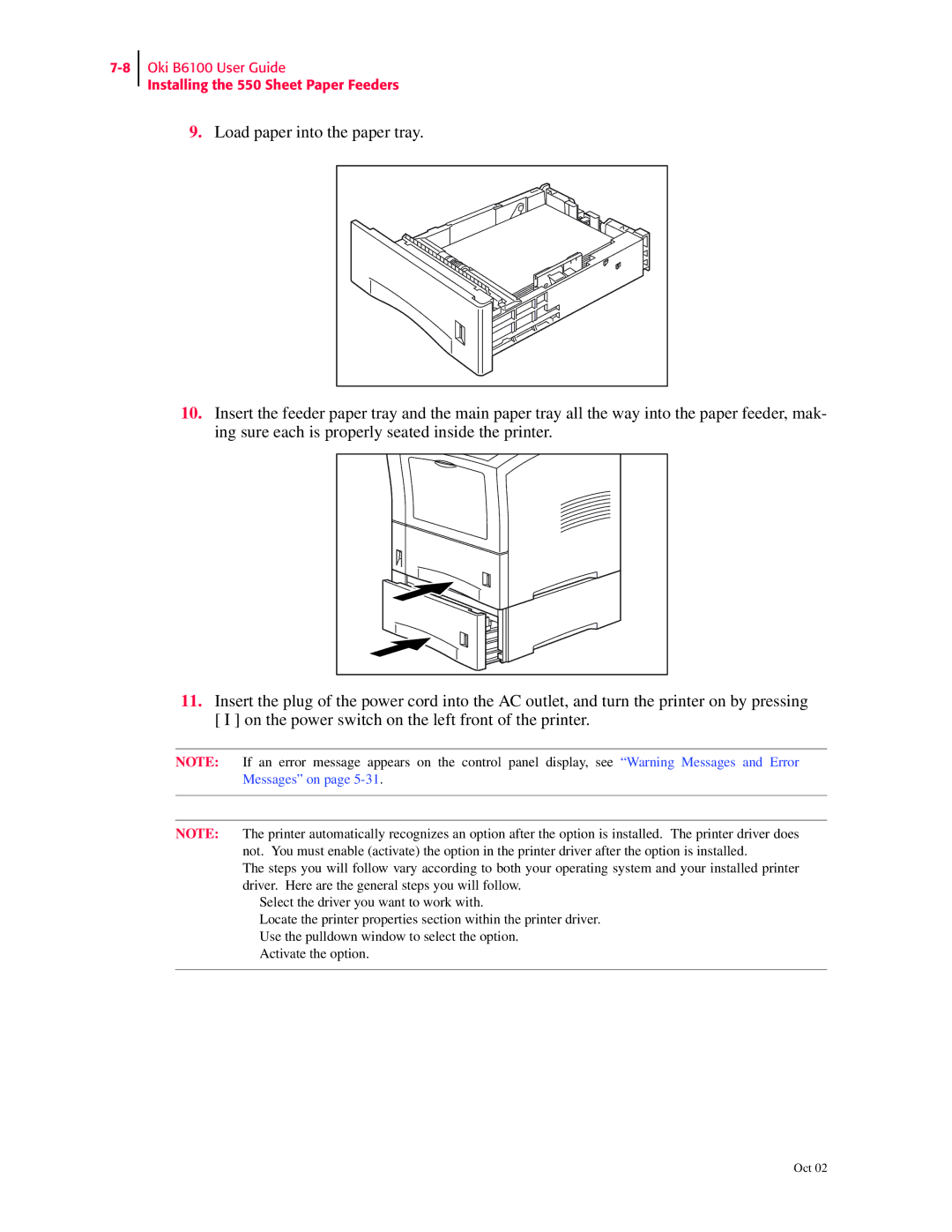 Oki manual Oki B6100 User Guide Installing the 550 Sheet Paper Feeders 