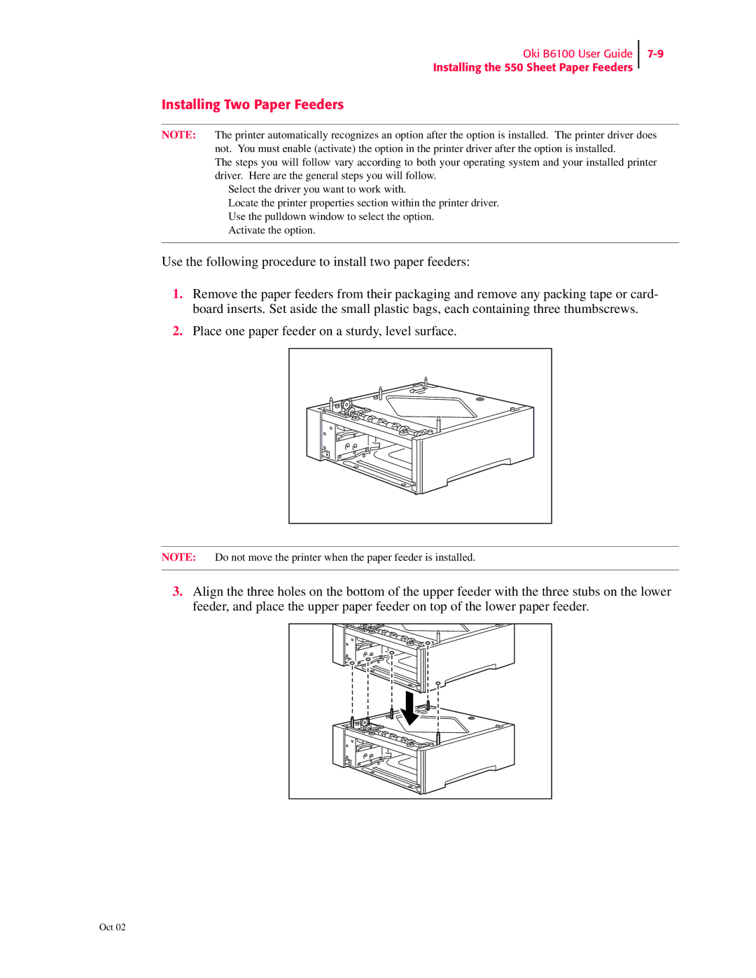 Oki 6100 manual Installing Two Paper Feeders 