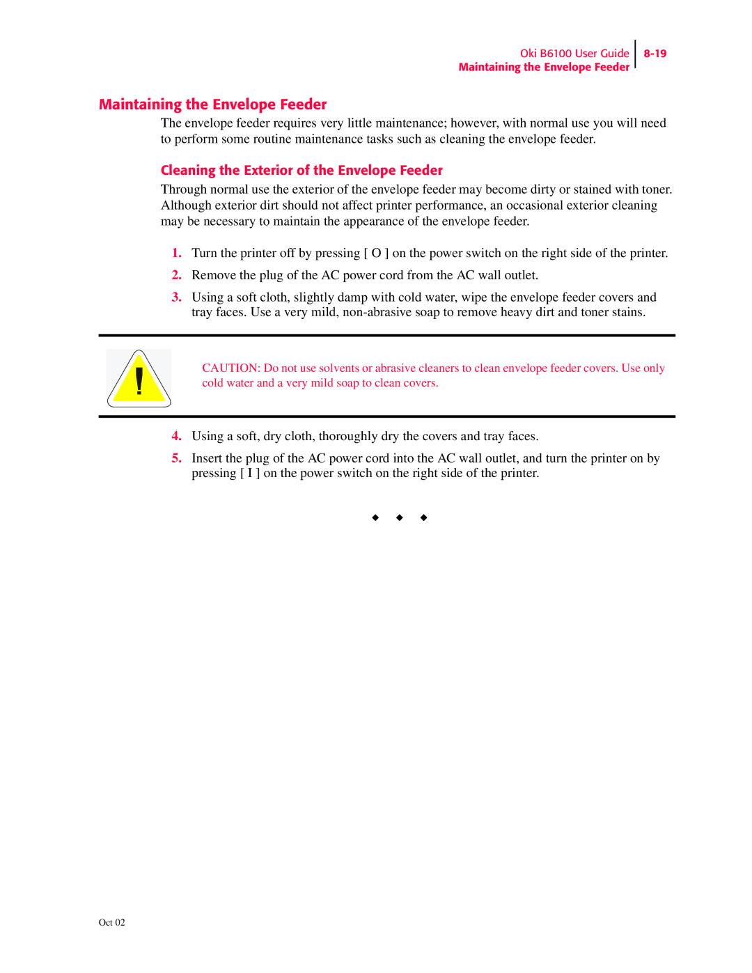 Oki 6100 manual Maintaining the Envelope Feeder, Cleaning the Exterior of the Envelope Feeder 