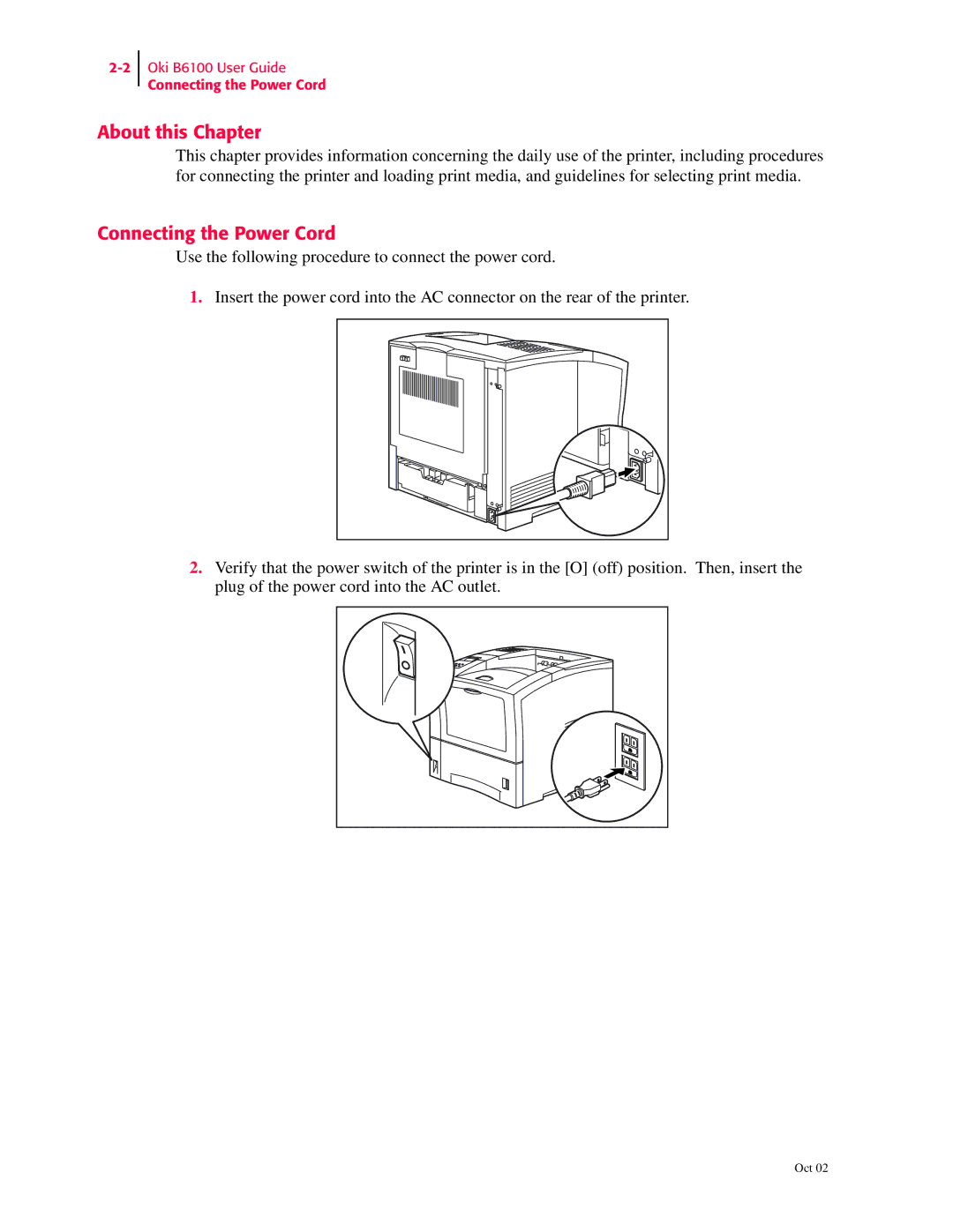 Oki 6100 manual About this Chapter, Connecting the Power Cord 