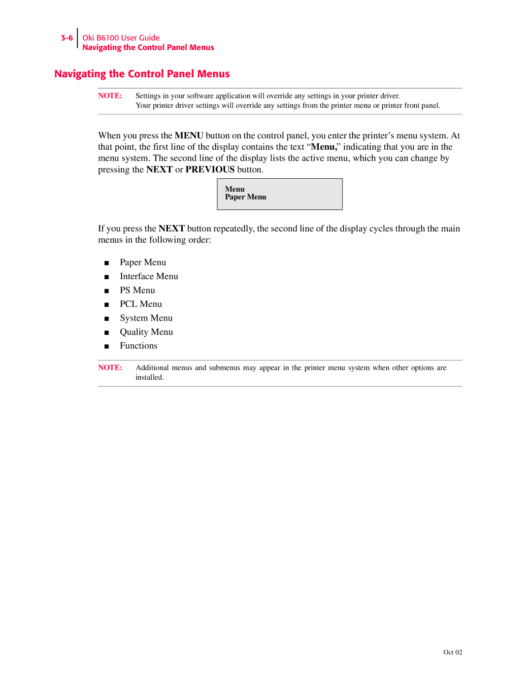 Oki 6100 manual Navigating the Control Panel Menus, Menu Paper Menu 