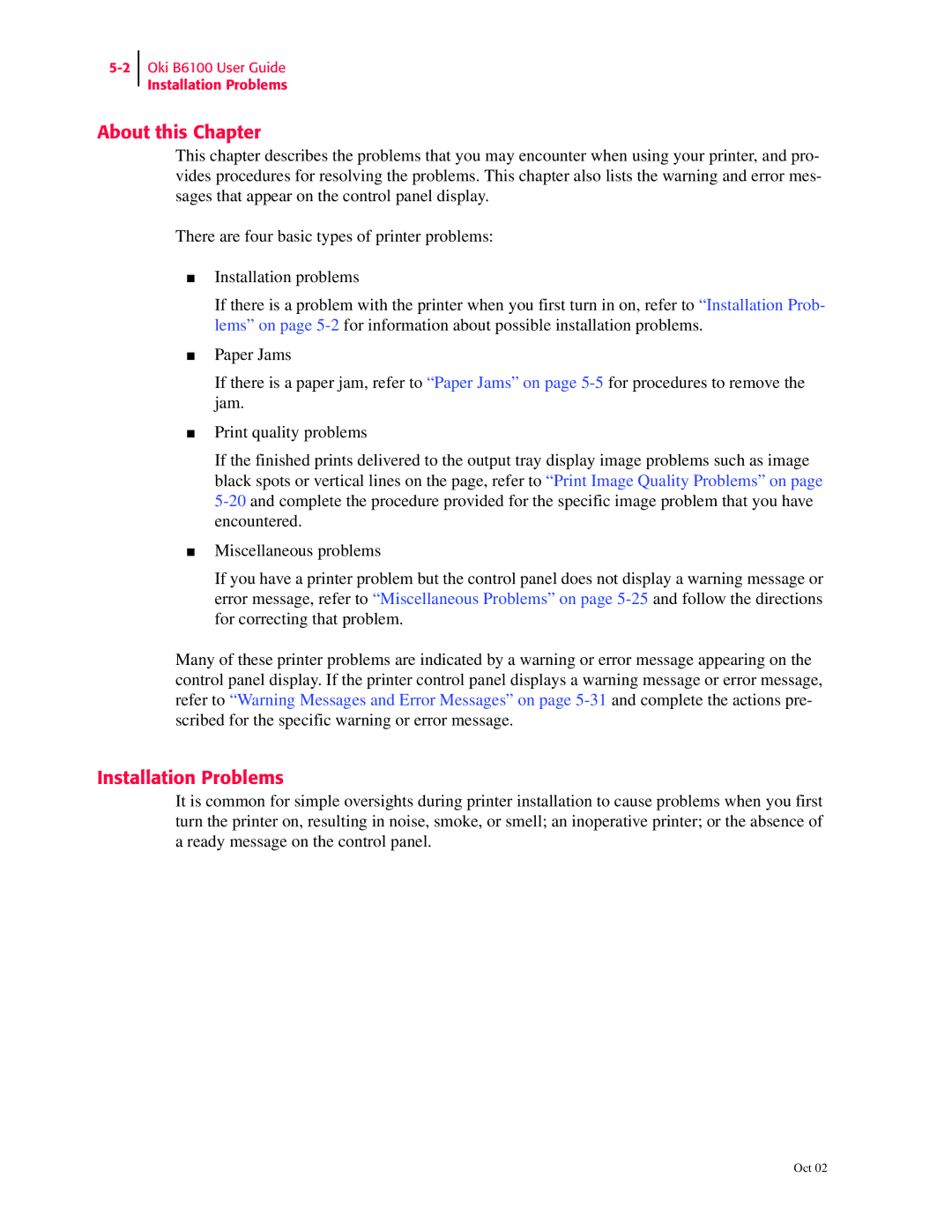 Oki 6100 manual About this Chapter, Installation Problems 