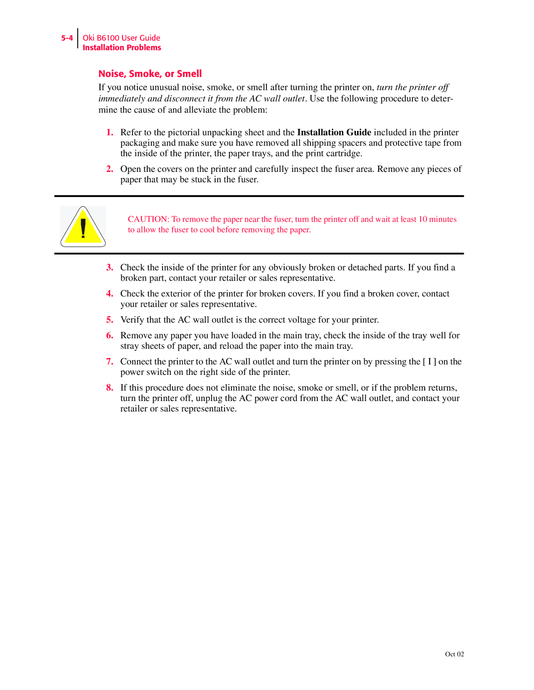Oki 6100 manual Noise, Smoke, or Smell 