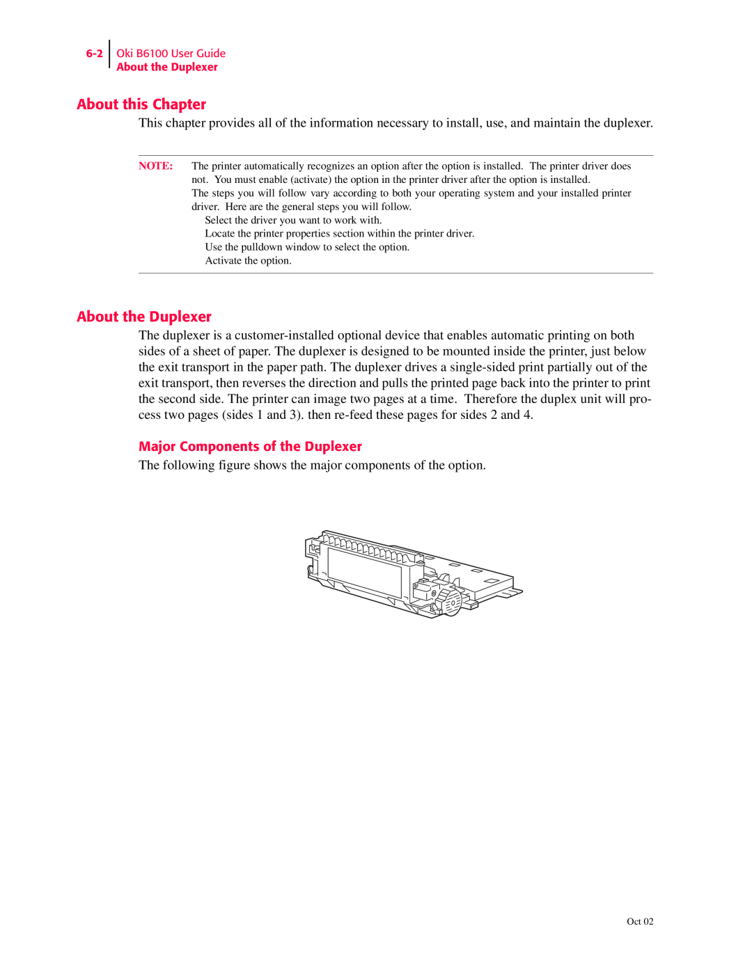 Oki manual About this Chapter, Major Components of the Duplexer, Oki B6100 User Guide About the Duplexer 