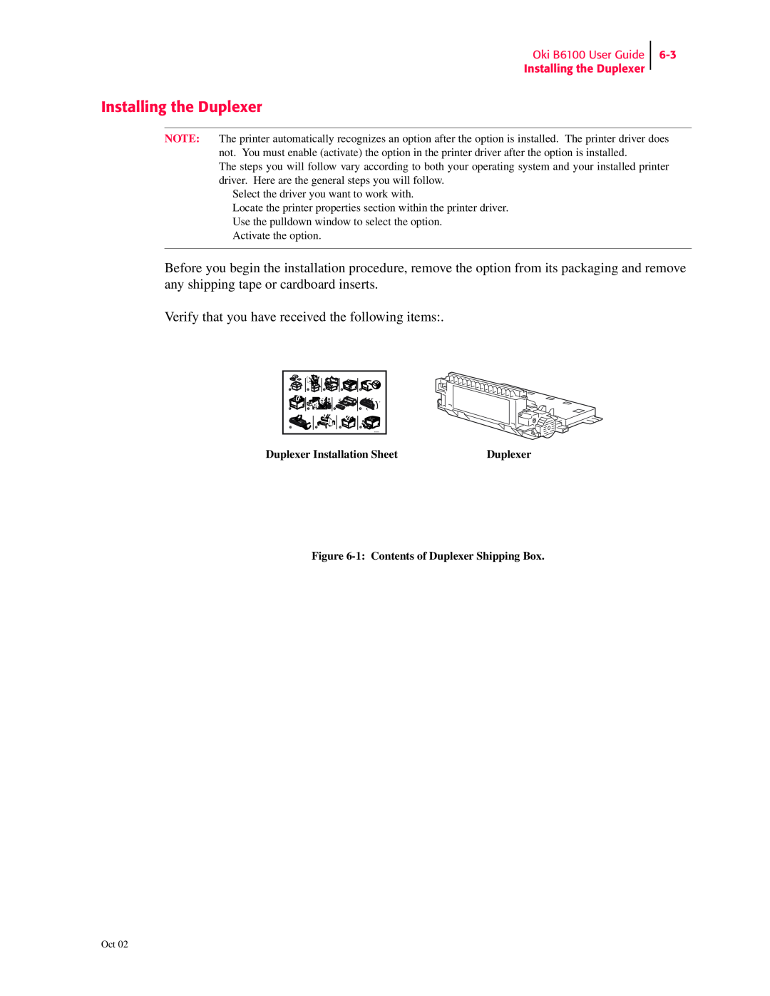Oki 6100 manual Installing the Duplexer, Verify that you have received the following items, Duplexer Installation Sheet 