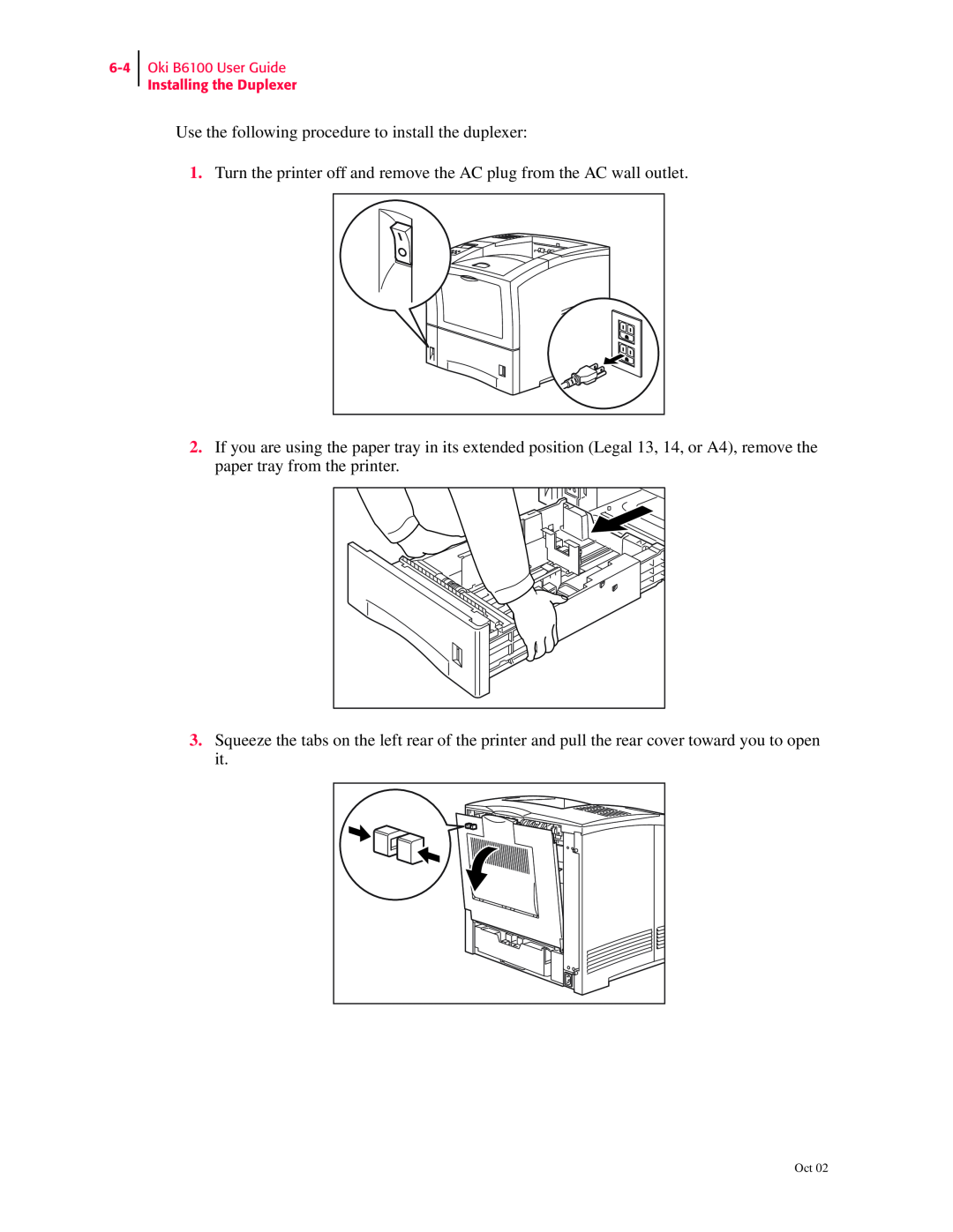Oki manual Use the following procedure to install the duplexer, Oki B6100 User Guide Installing the Duplexer 