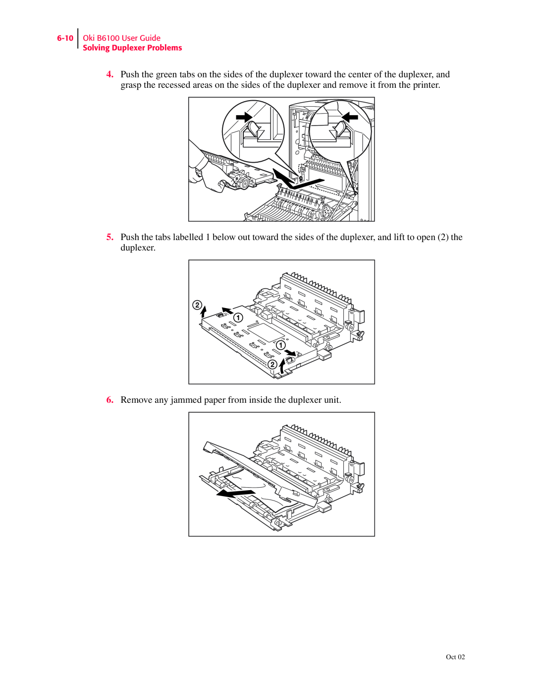Oki manual Remove any jammed paper from inside the duplexer unit, Oki B6100 User Guide Solving Duplexer Problems 