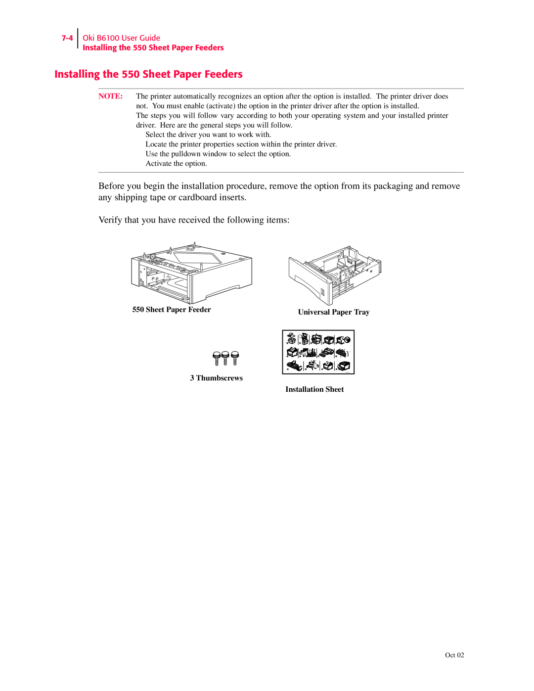 Oki manual Oki B6100 User Guide Installing the 550 Sheet Paper Feeders, Sheet Paper Feeder 3 Thumbscrews 