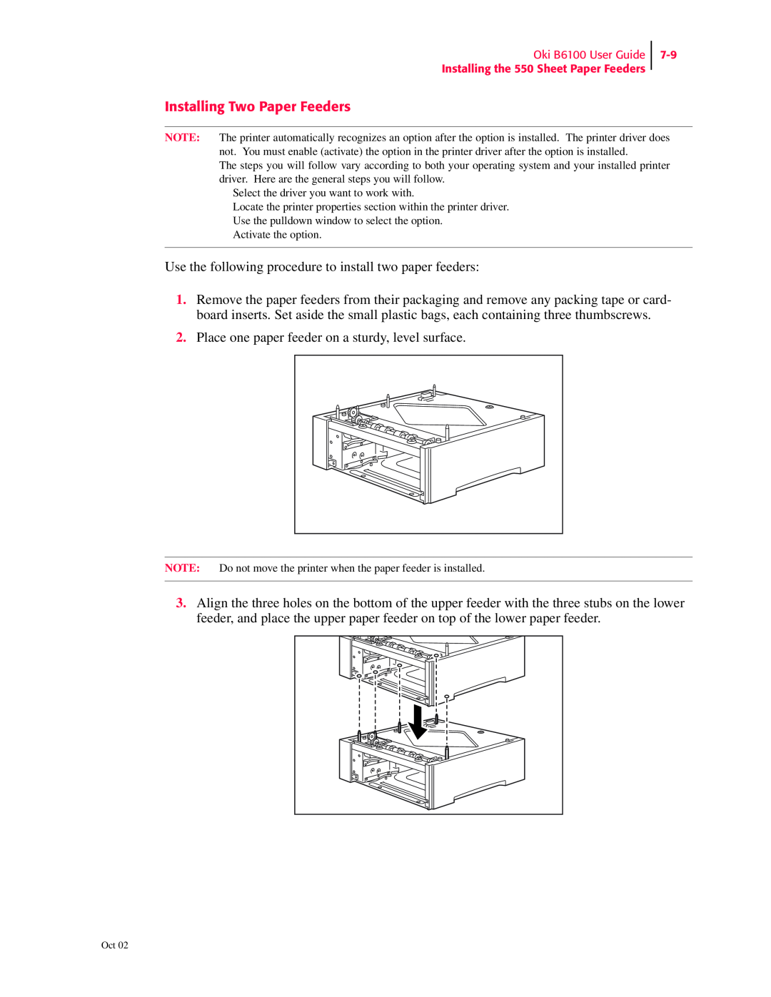 Oki 6100 manual Installing Two Paper Feeders, Use the following procedure to install two paper feeders 