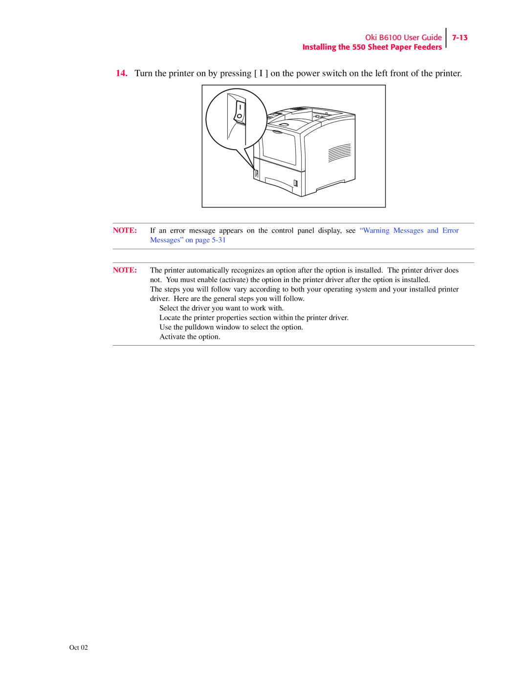 Oki manual Oki B6100 User Guide Installing the 550 Sheet Paper Feeders, 7-13 